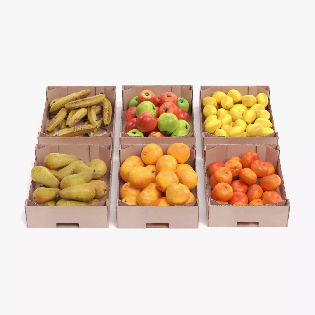Fruit in Boxes 3D Model – Realistic Cardboard Produce Crates, Blender - View 2