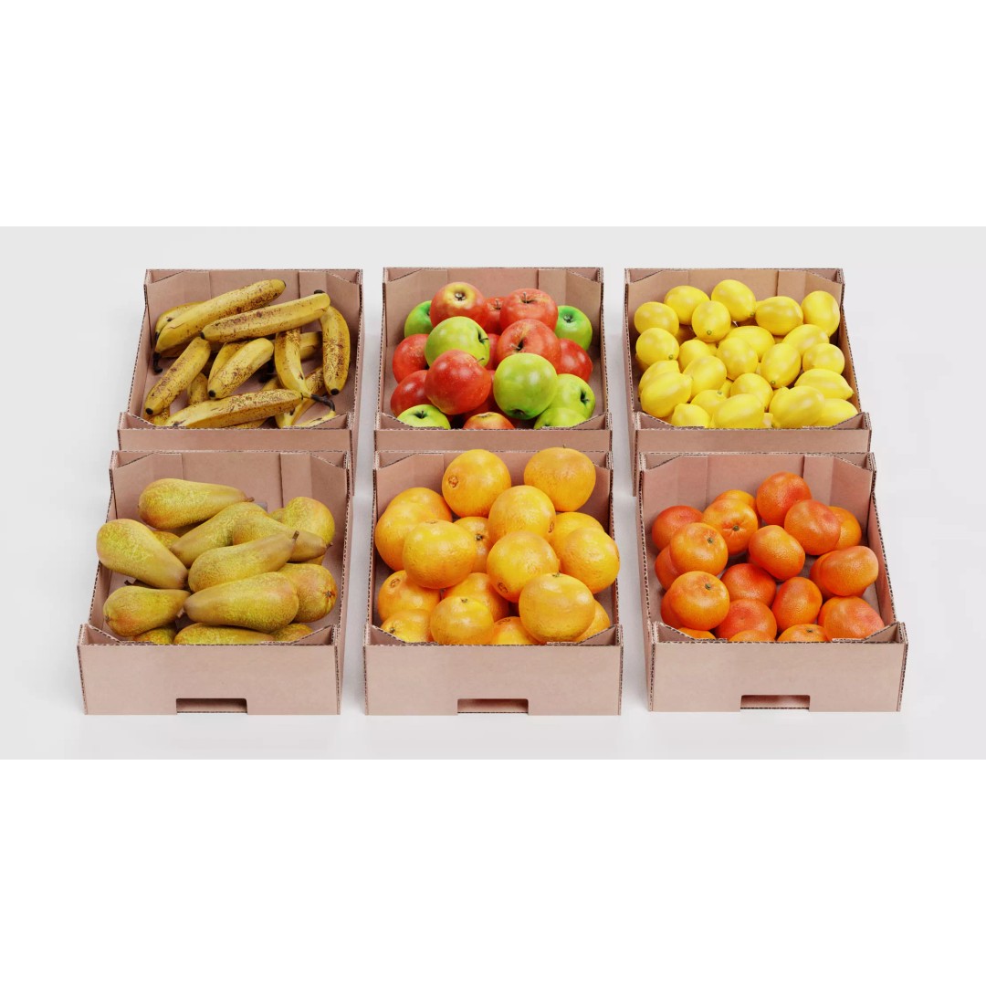 Fruit in Boxes 3D Model – Realistic Cardboard Produce Crates, Blender - View 3