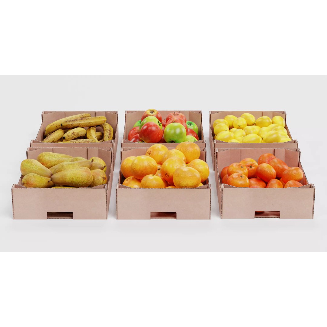 Fruit in Boxes 3D Model – Realistic Cardboard Produce Crates, Blender - View 4