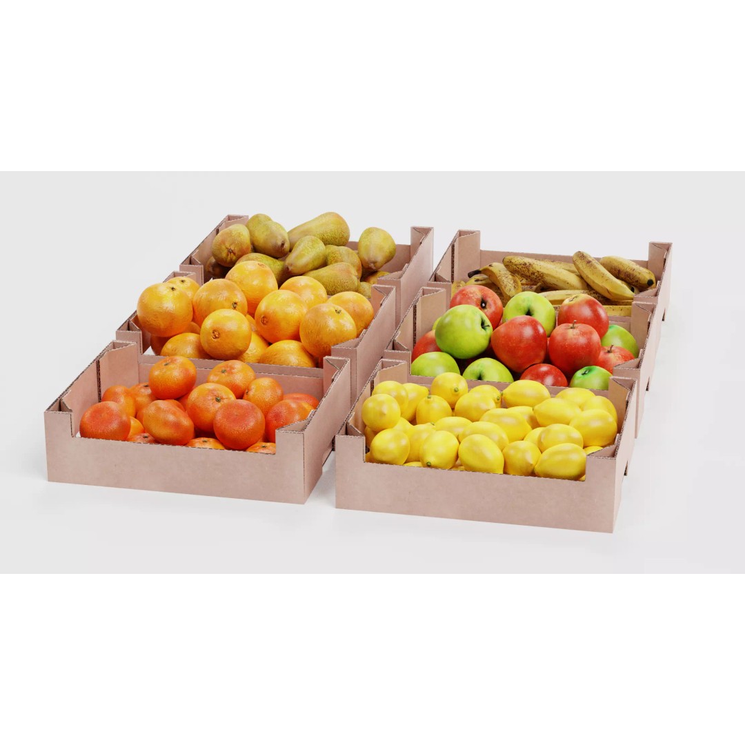 Fruit in Boxes 3D Model – Realistic Cardboard Produce Crates, Blender - View 7