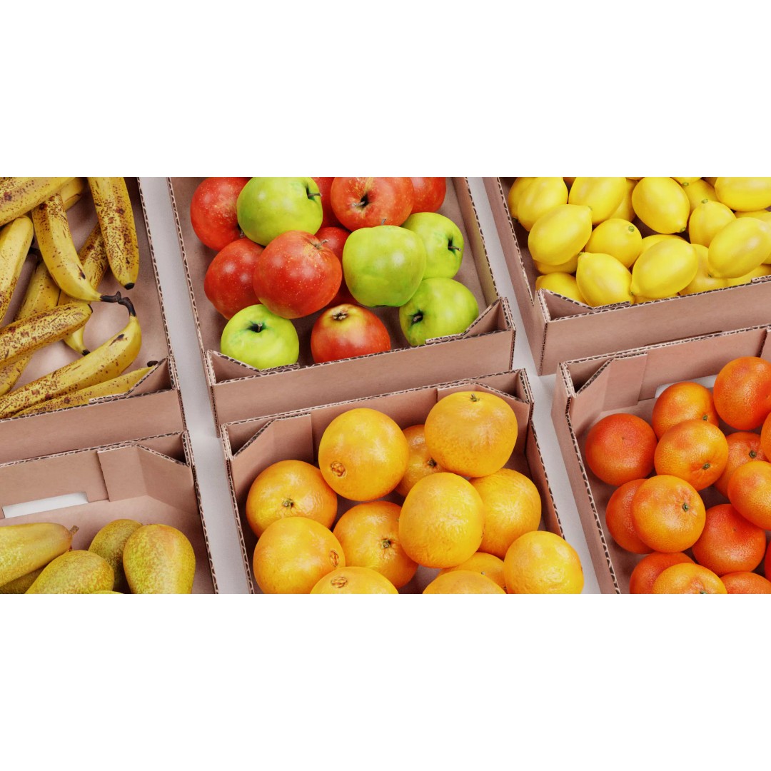 Fruit in Boxes 3D Model – Realistic Cardboard Produce Crates, Blender - View 9