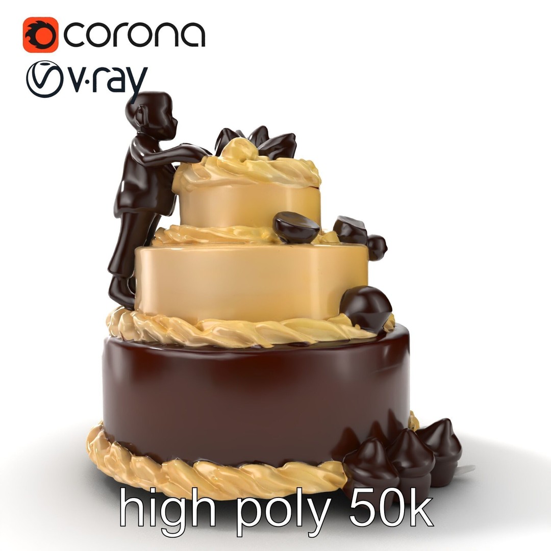 Three-Tier Chocolate Figurine Cake 3D Model – Low Poly PBR Asset, FBX - View 15