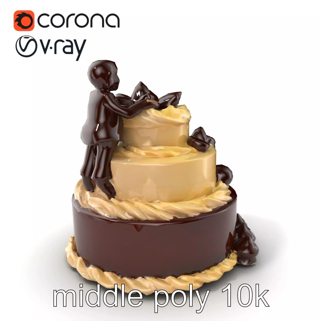 Three-Tier Chocolate Figurine Cake 3D Model – Low Poly PBR Asset, FBX - View 2