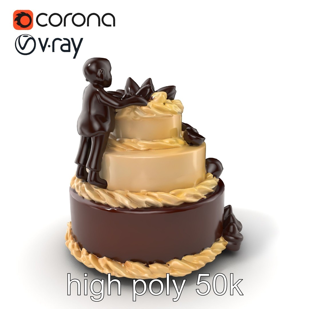 Three-Tier Chocolate Figurine Cake 3D Model – Low Poly PBR Asset, FBX - View 3