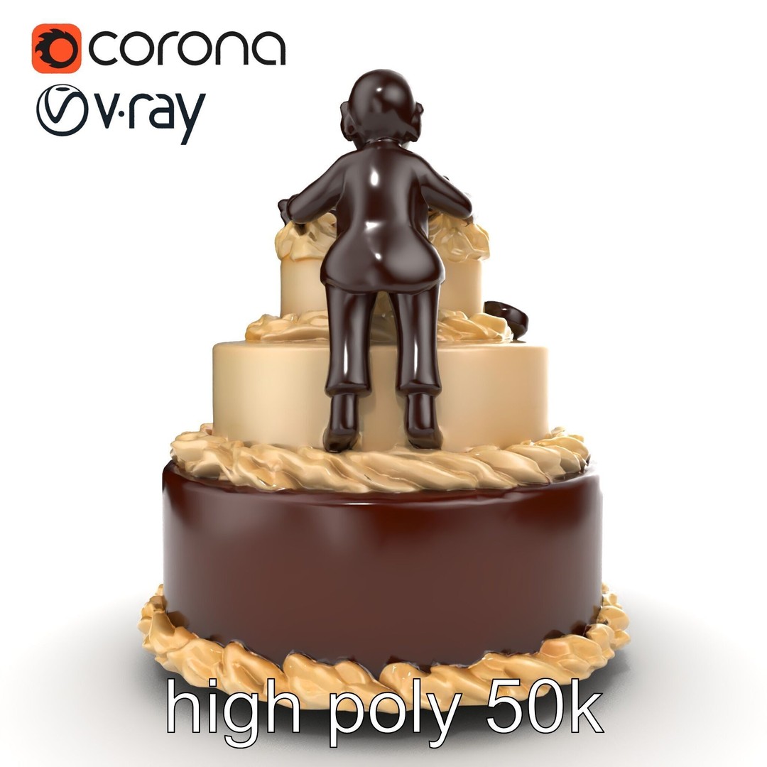 Three-Tier Chocolate Figurine Cake 3D Model – Low Poly PBR Asset, FBX - View 30