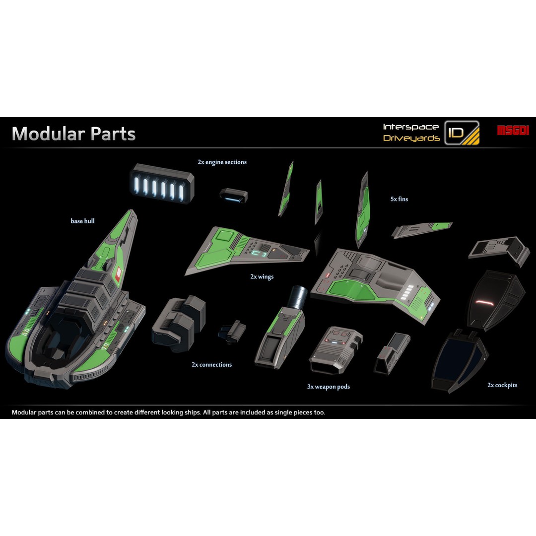 ISD Modular Bomber 3D Model – Low Poly Game Ready Spaceship, FBX - View 3