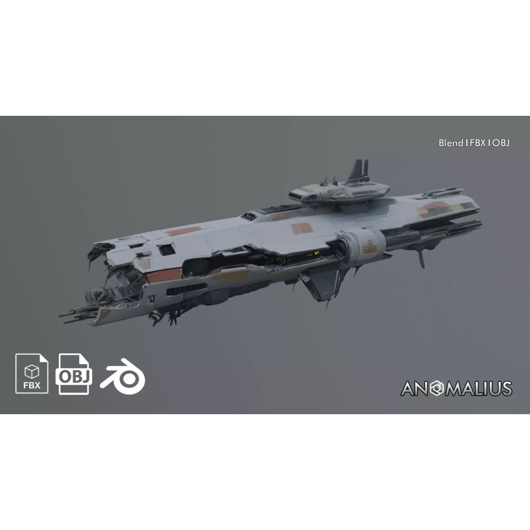 Destroyed Space Aircraft Carrier 3D Model – Futuristic Warship, FBX - View 2