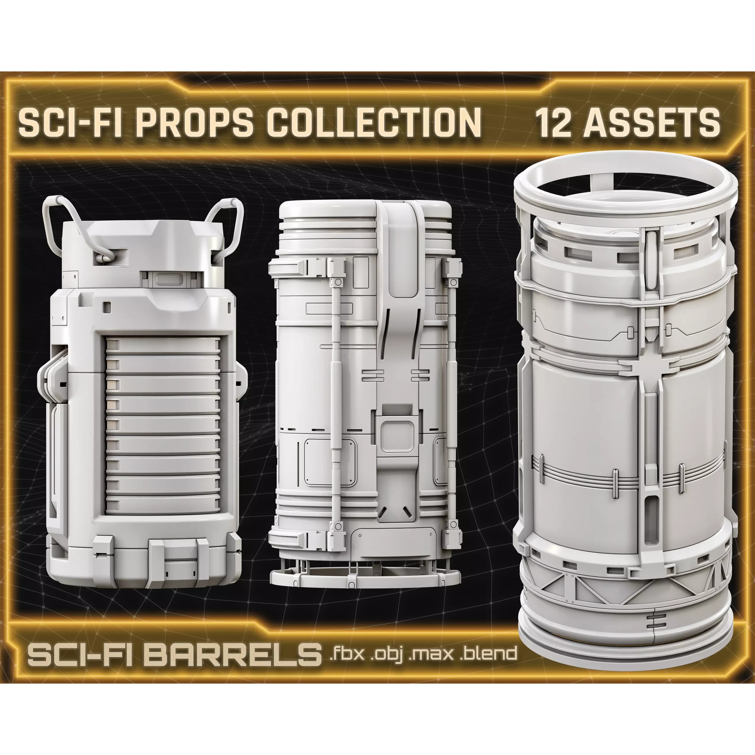 Sci-Fi Props Collection Barrels - Game-Ready 3D Model - View 2