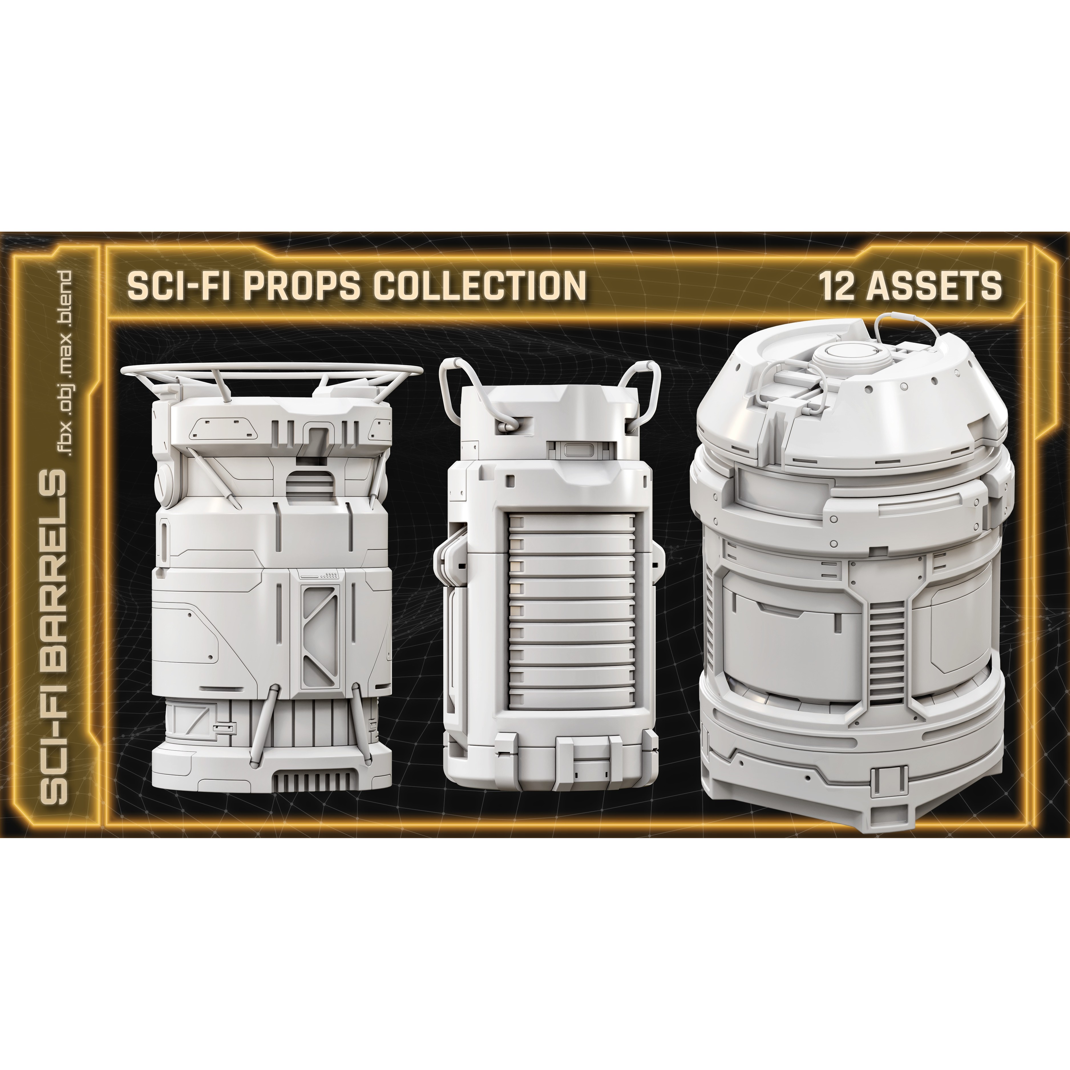 Sci-Fi Props Collection Barrels - Game-Ready 3D Model - View 3