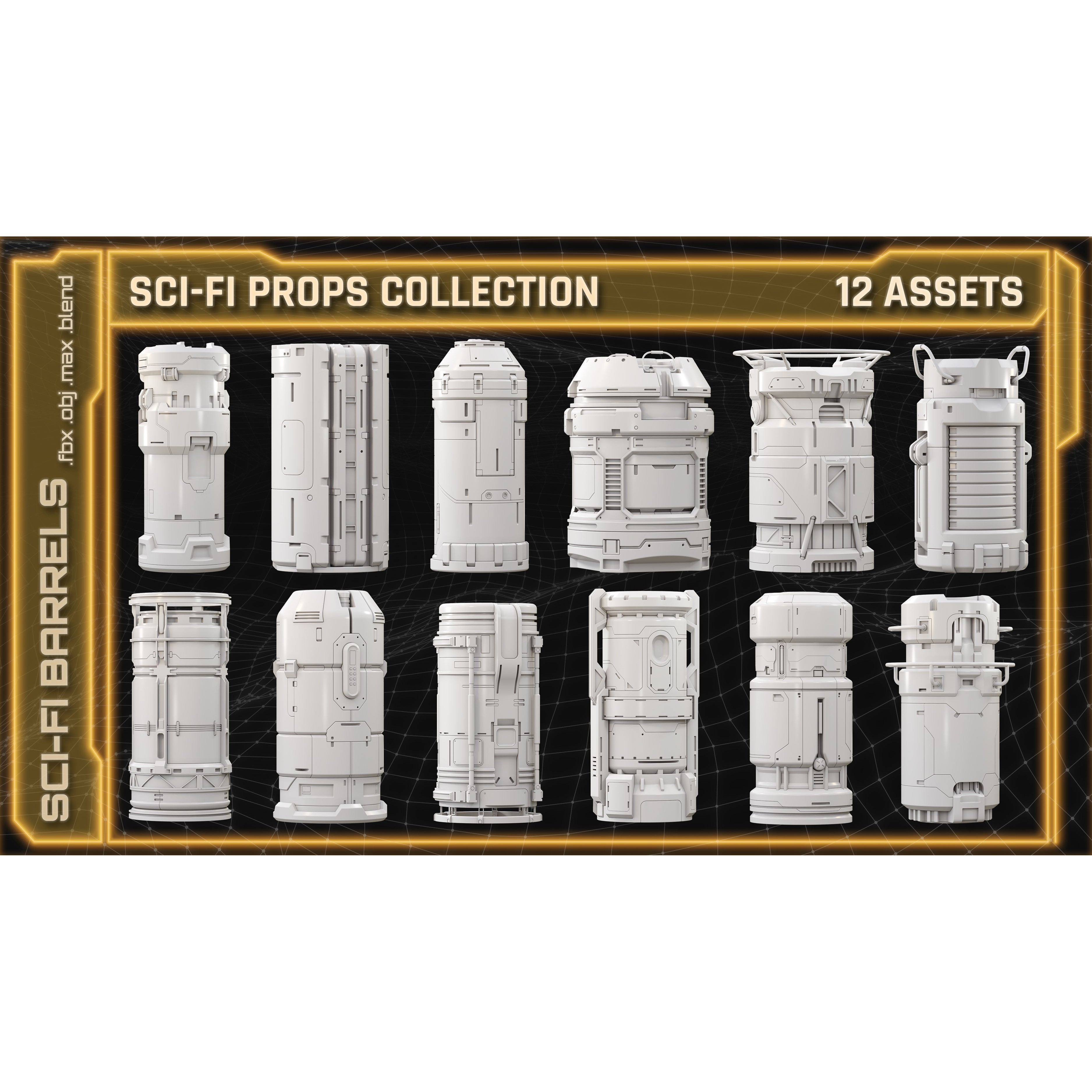 Sci-Fi Props Collection Barrels - Game-Ready 3D Model - View 4