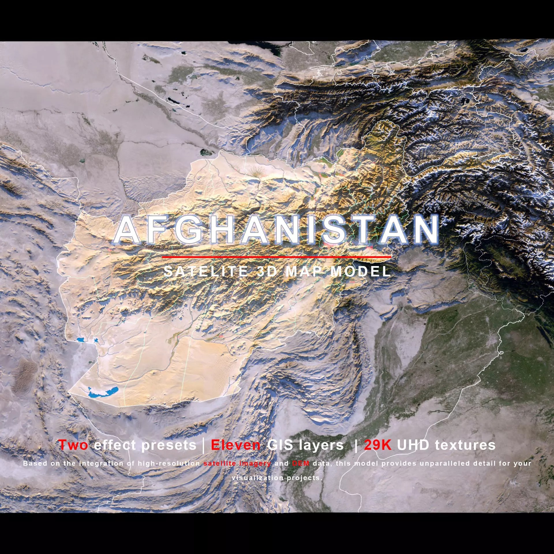 Afghanistan Map - 29K Realistic Satellite Terrain 3D Model - View 2