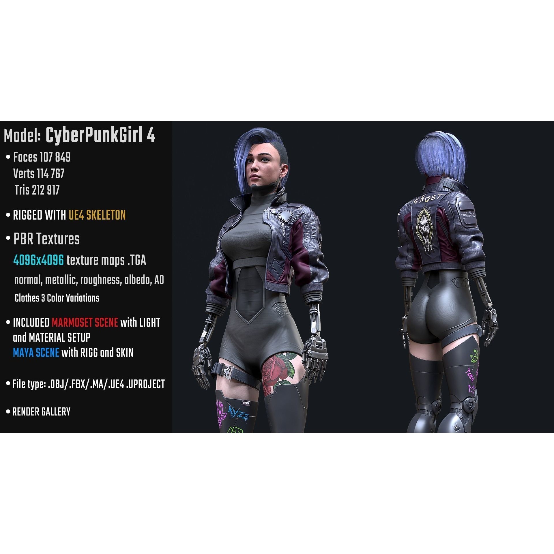 Cyberpunk Girl 4 - Low-Poly Game-Ready 3D Model - View 3