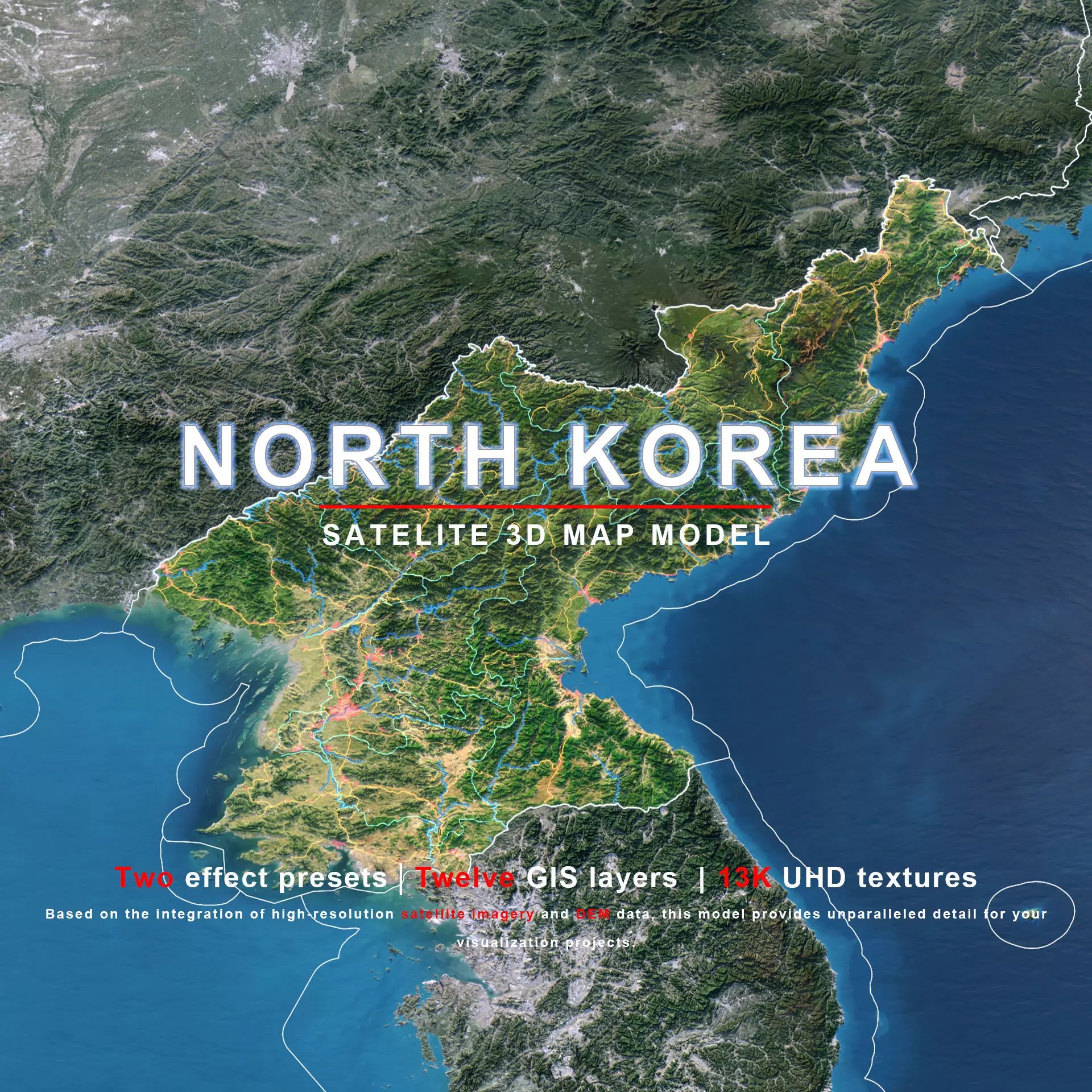 North Korea Map - Realistic Satellite Terrain 3D Model - View 2