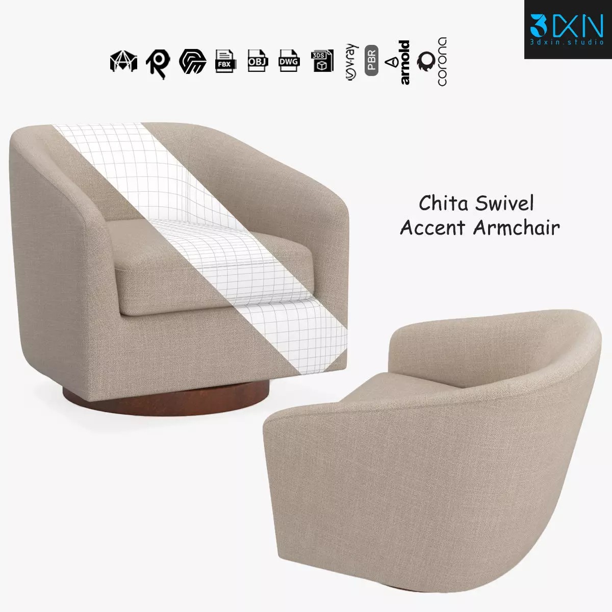 Chita Swivel Accent Armchair - PBR 3D Model - View 2