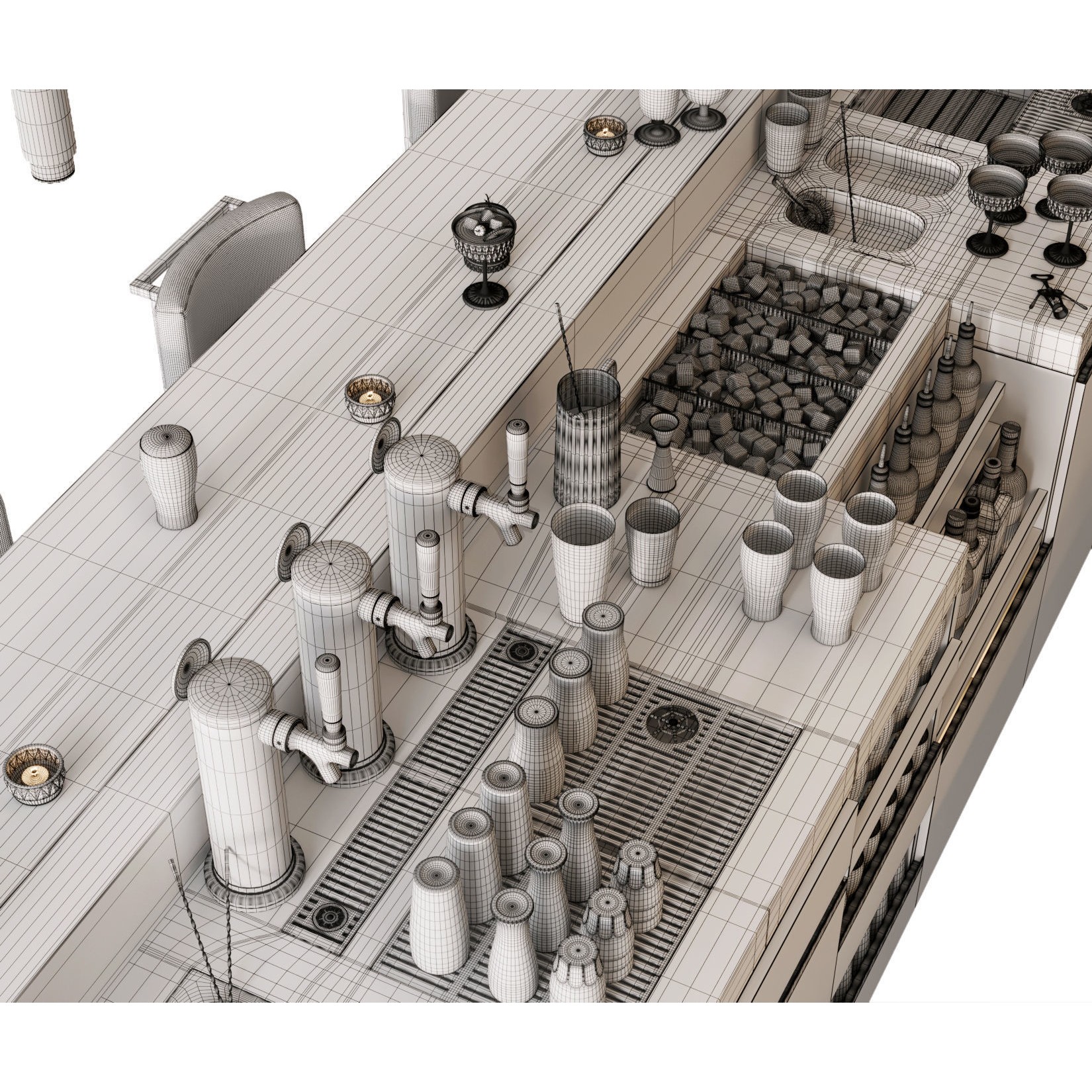 Bar Interior Counter with Alcohol and Glasses - 3D Model