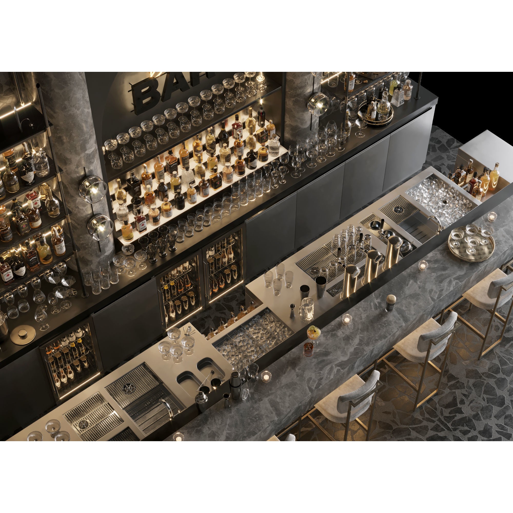 Bar Interior Counter with Alcohol and Glasses - 3D Model - View 11