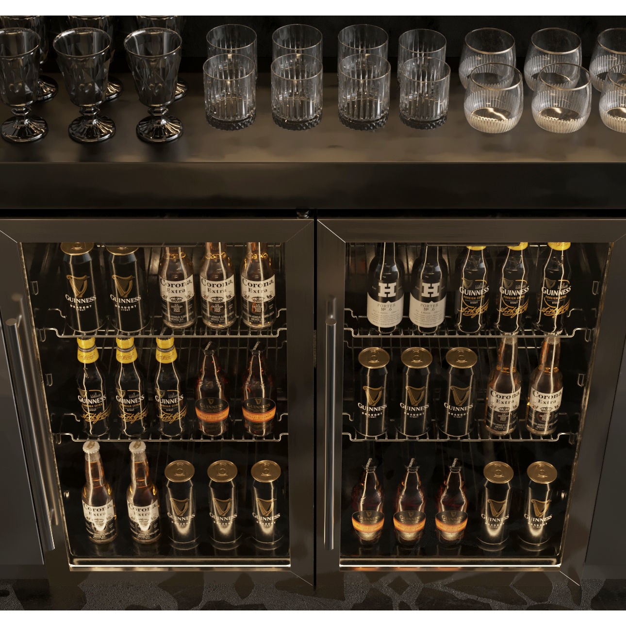 Bar Interior Counter with Alcohol and Glasses - 3D Model - View 13