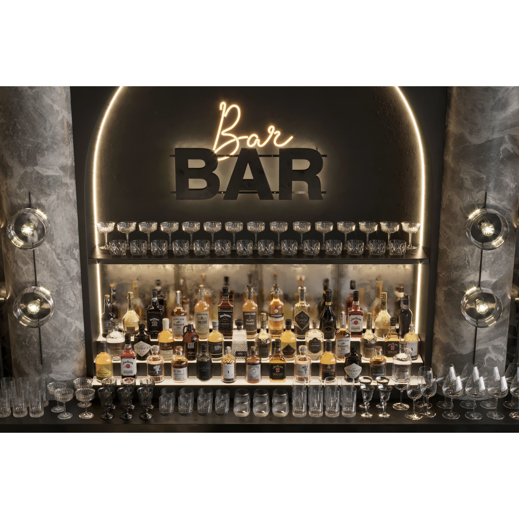 Bar Interior Counter with Alcohol and Glasses - 3D Model - View 14