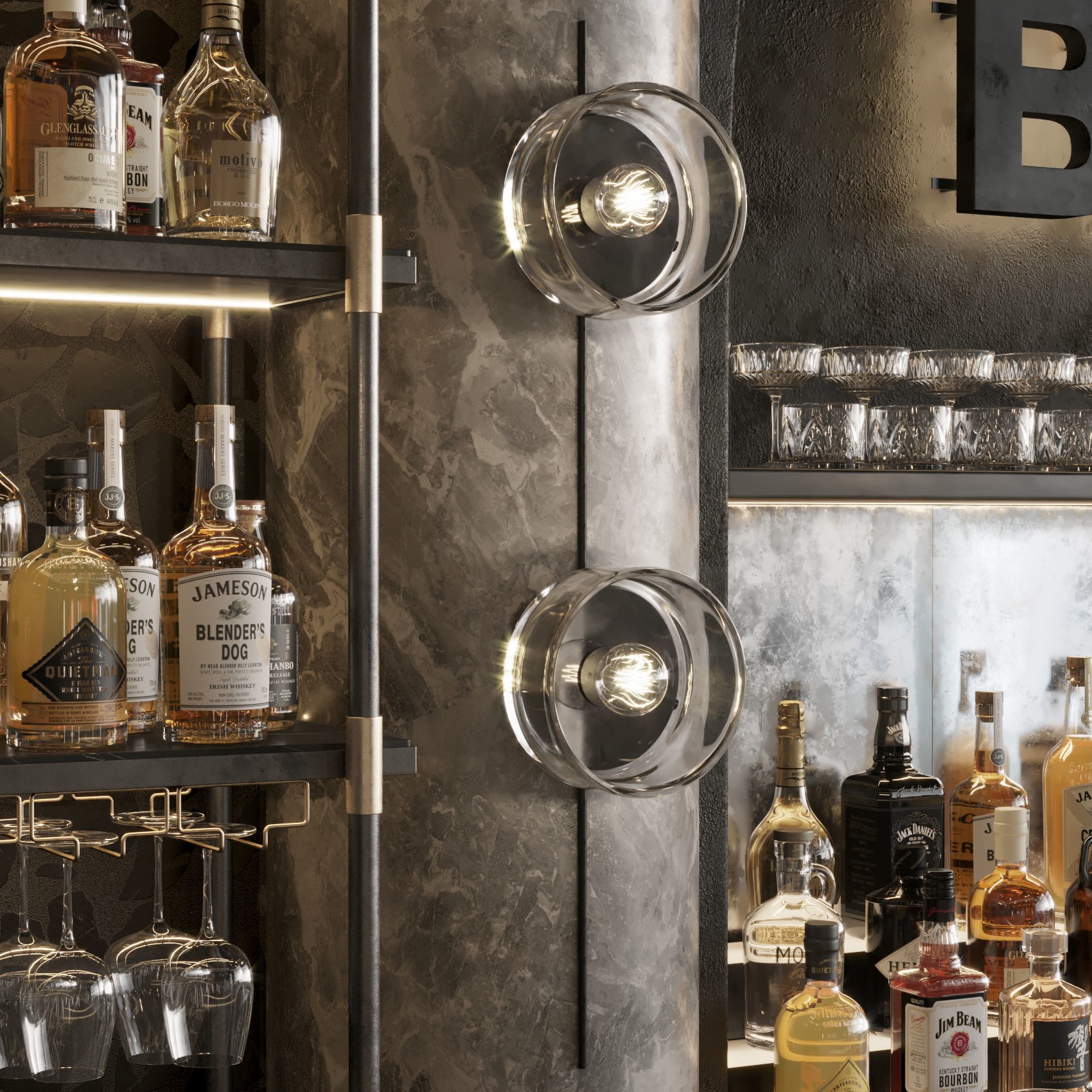 Bar Interior Counter with Alcohol and Glasses - 3D Model - View 15