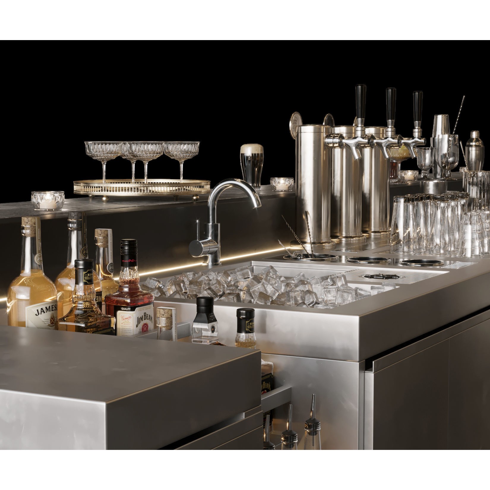 Bar Interior Counter with Alcohol and Glasses - 3D Model - View 17