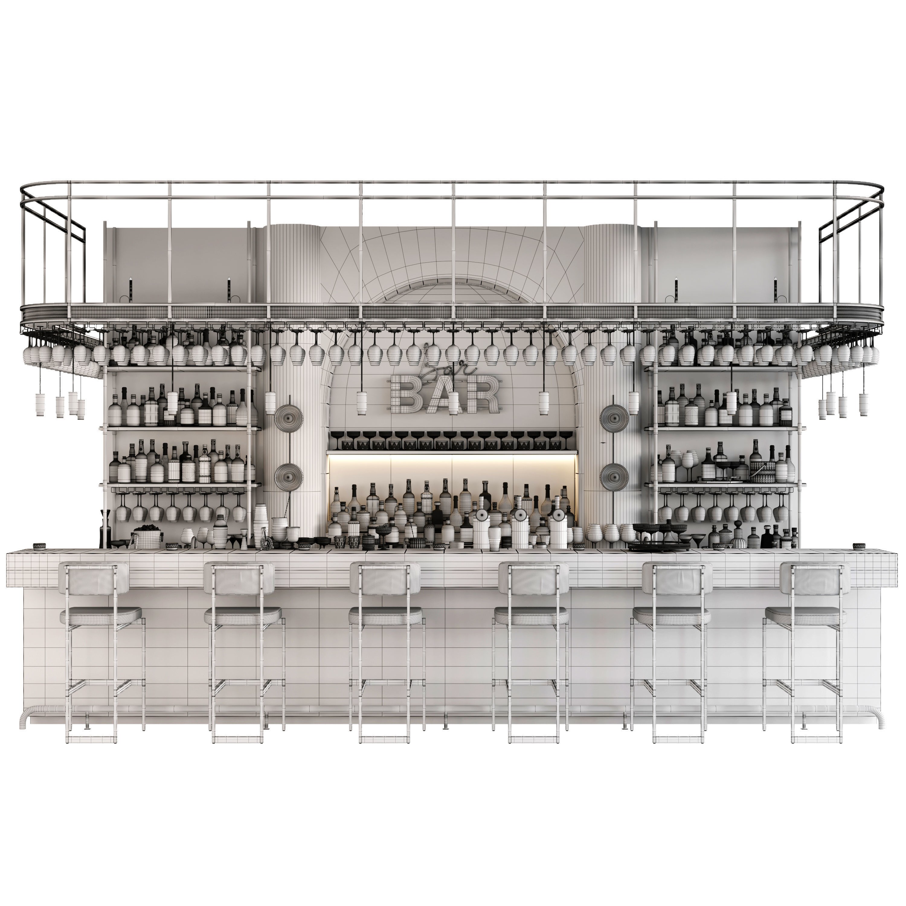 Bar Interior Counter with Alcohol and Glasses - 3D Model - View 19