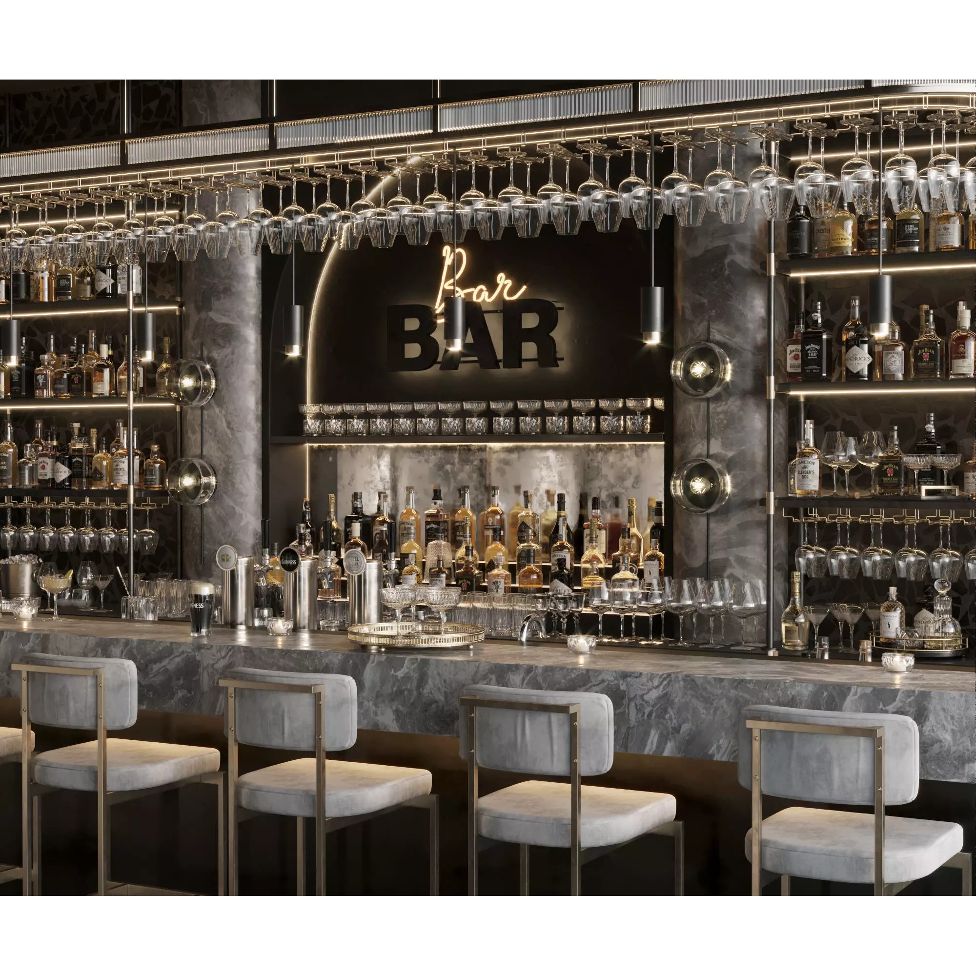 Bar Interior Counter with Alcohol and Glasses - 3D Model - View 2