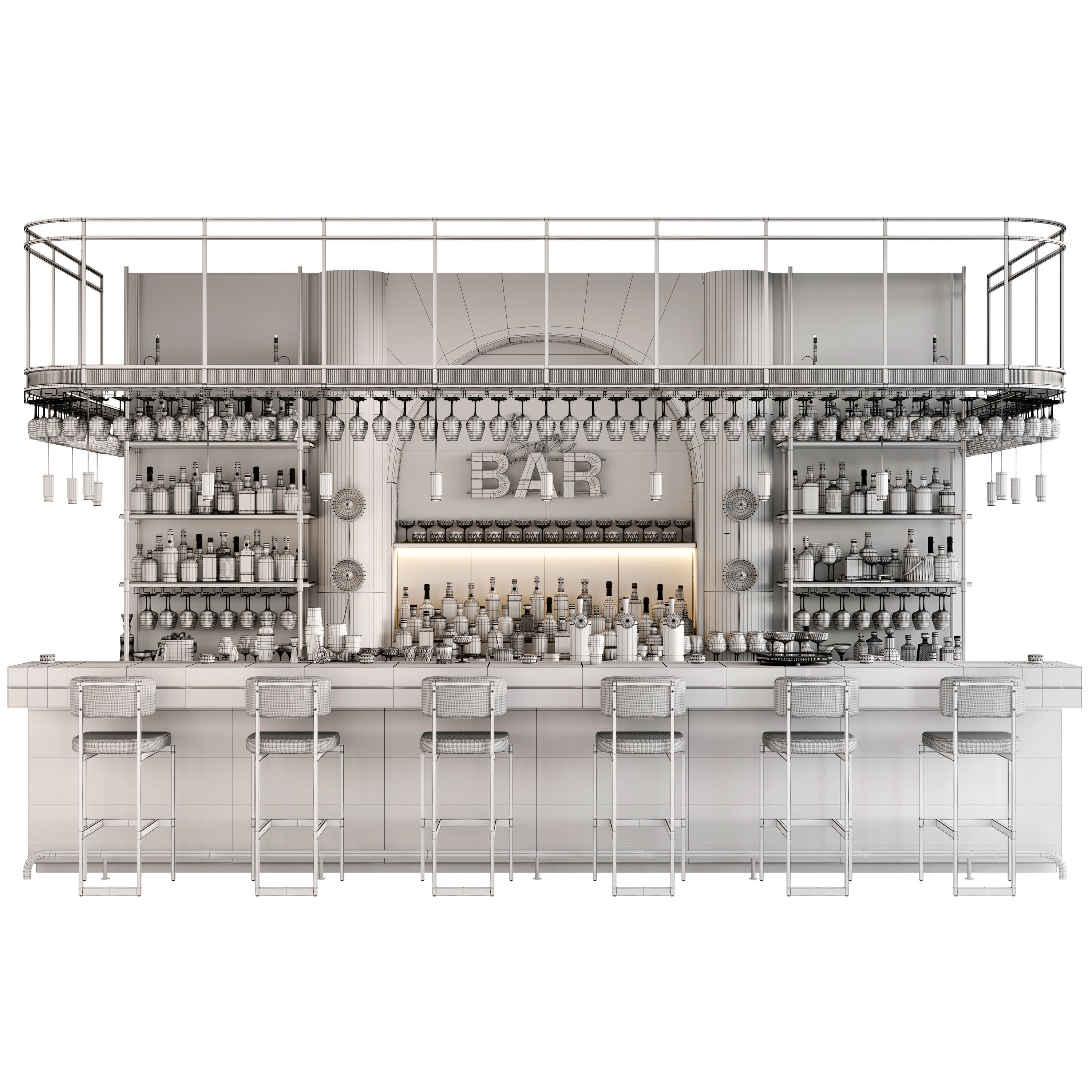 Bar Interior Counter with Alcohol and Glasses - 3D Model - View 20