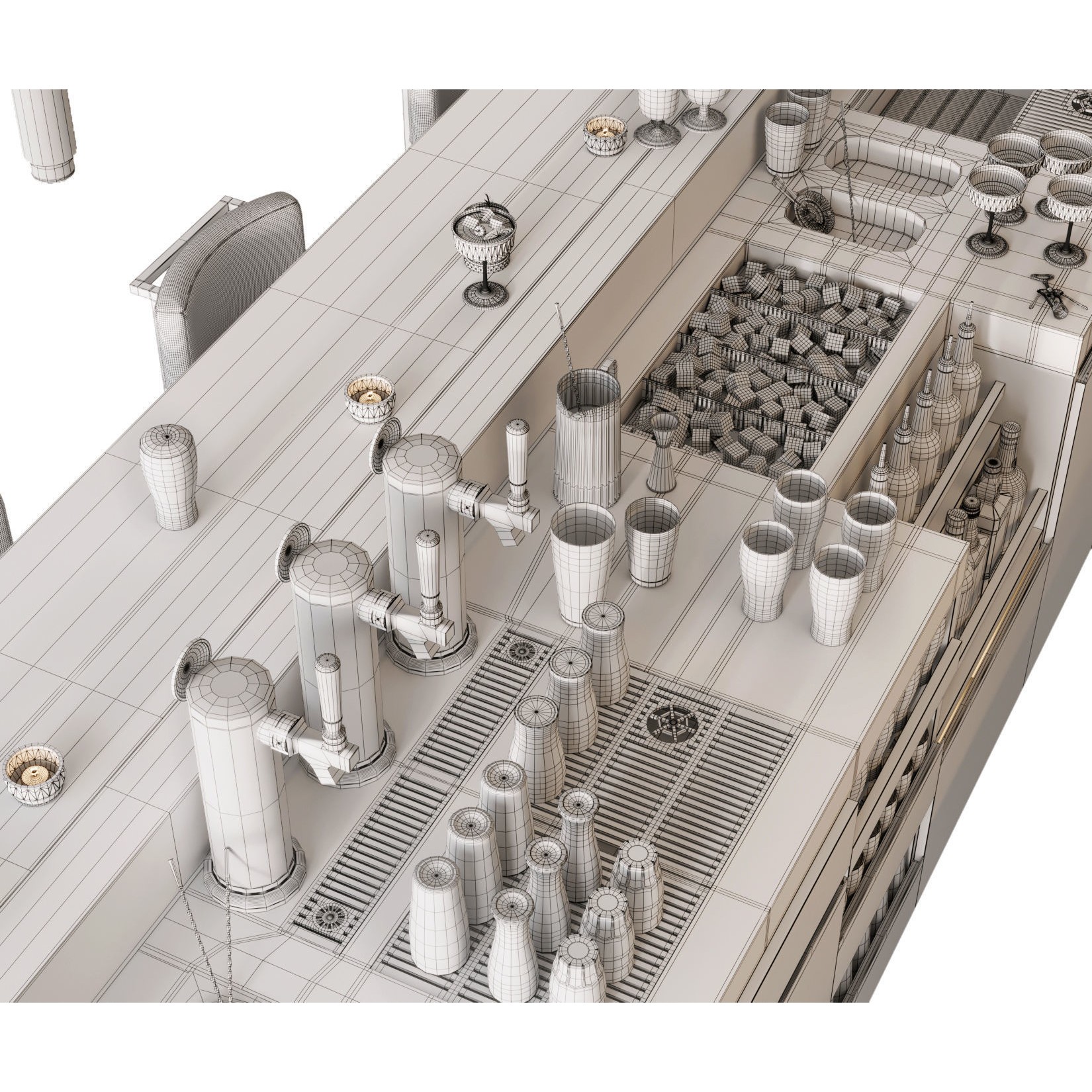 Bar Interior Counter with Alcohol and Glasses - 3D Model - View 21