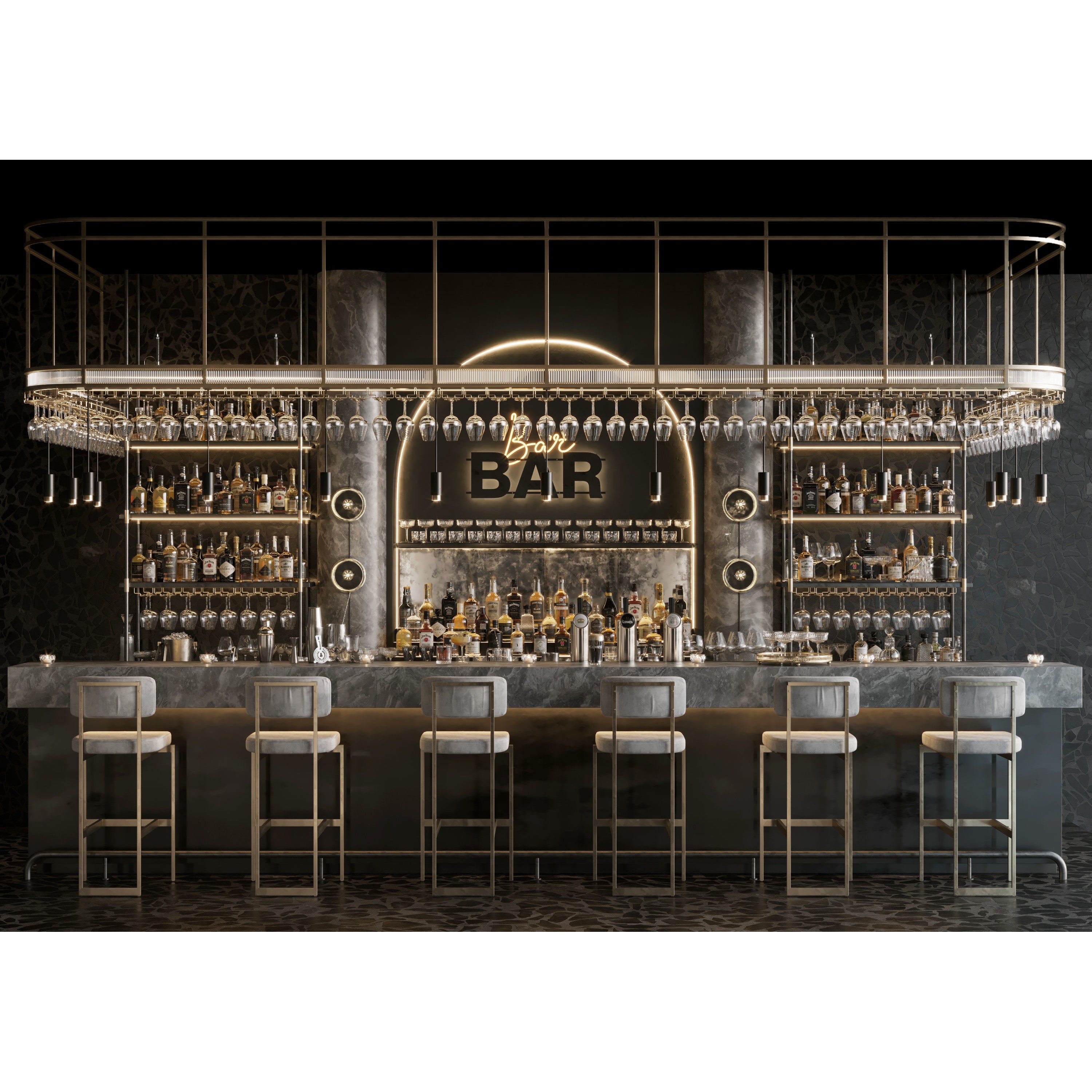 Bar Interior Counter with Alcohol and Glasses - 3D Model - View 3