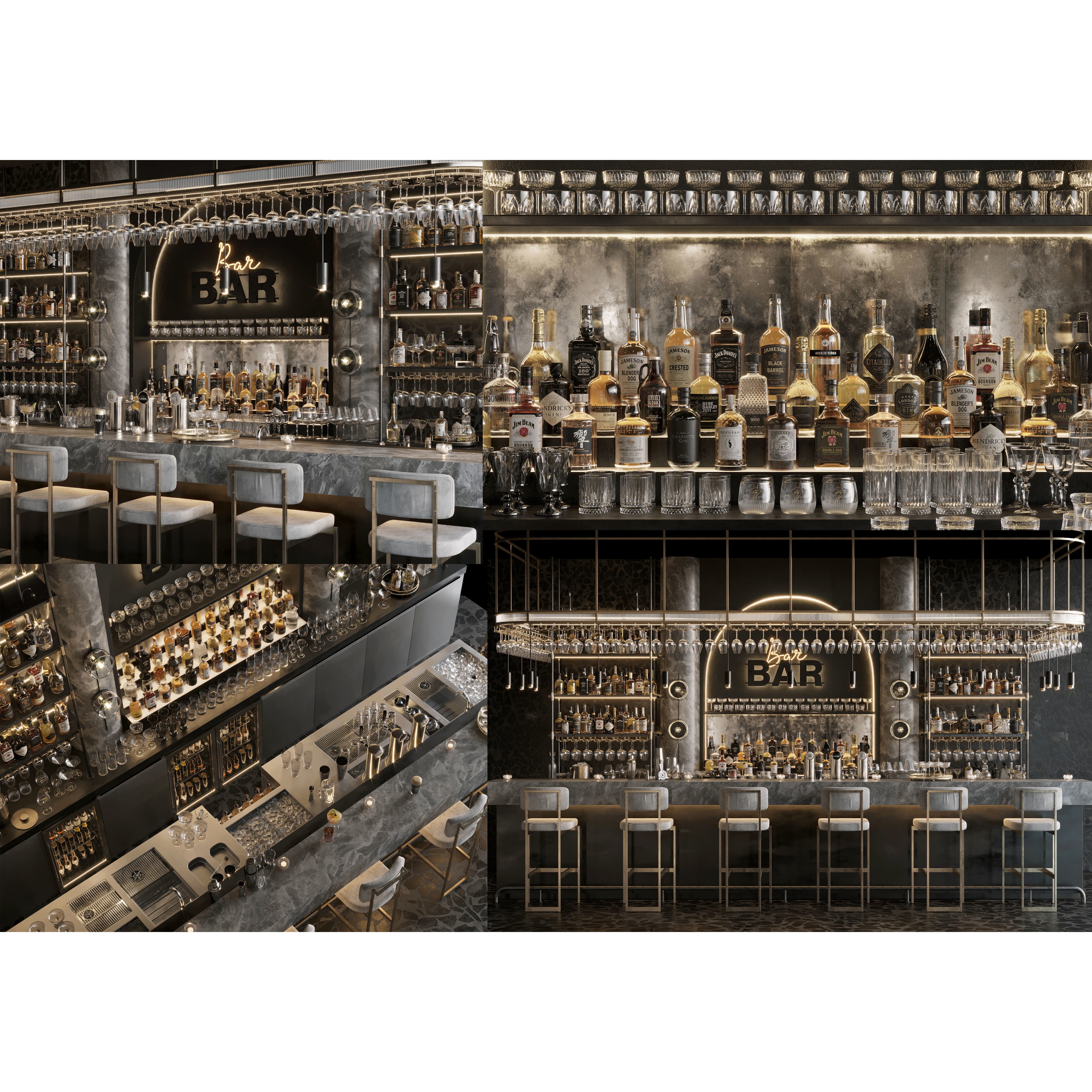 Bar Interior Counter with Alcohol and Glasses - 3D Model - View 4