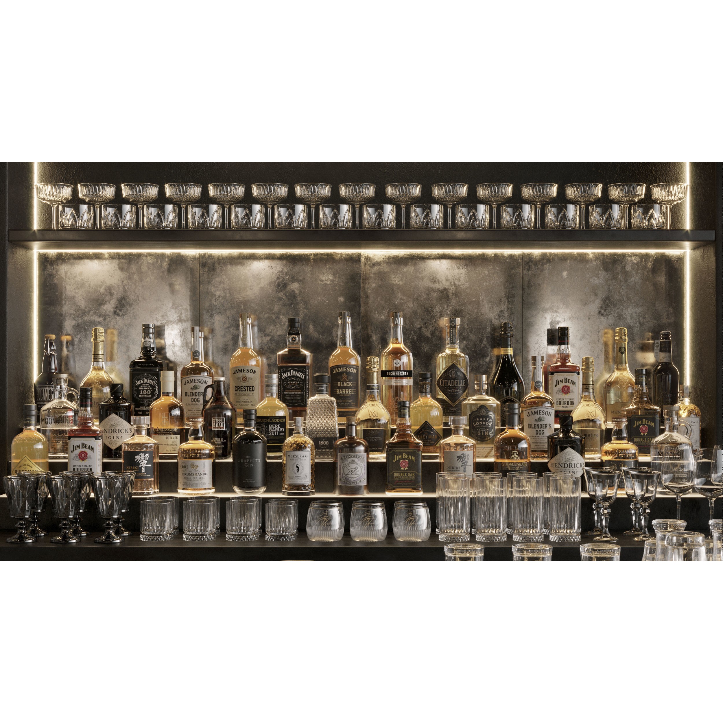 Bar Interior Counter with Alcohol and Glasses - 3D Model - View 5