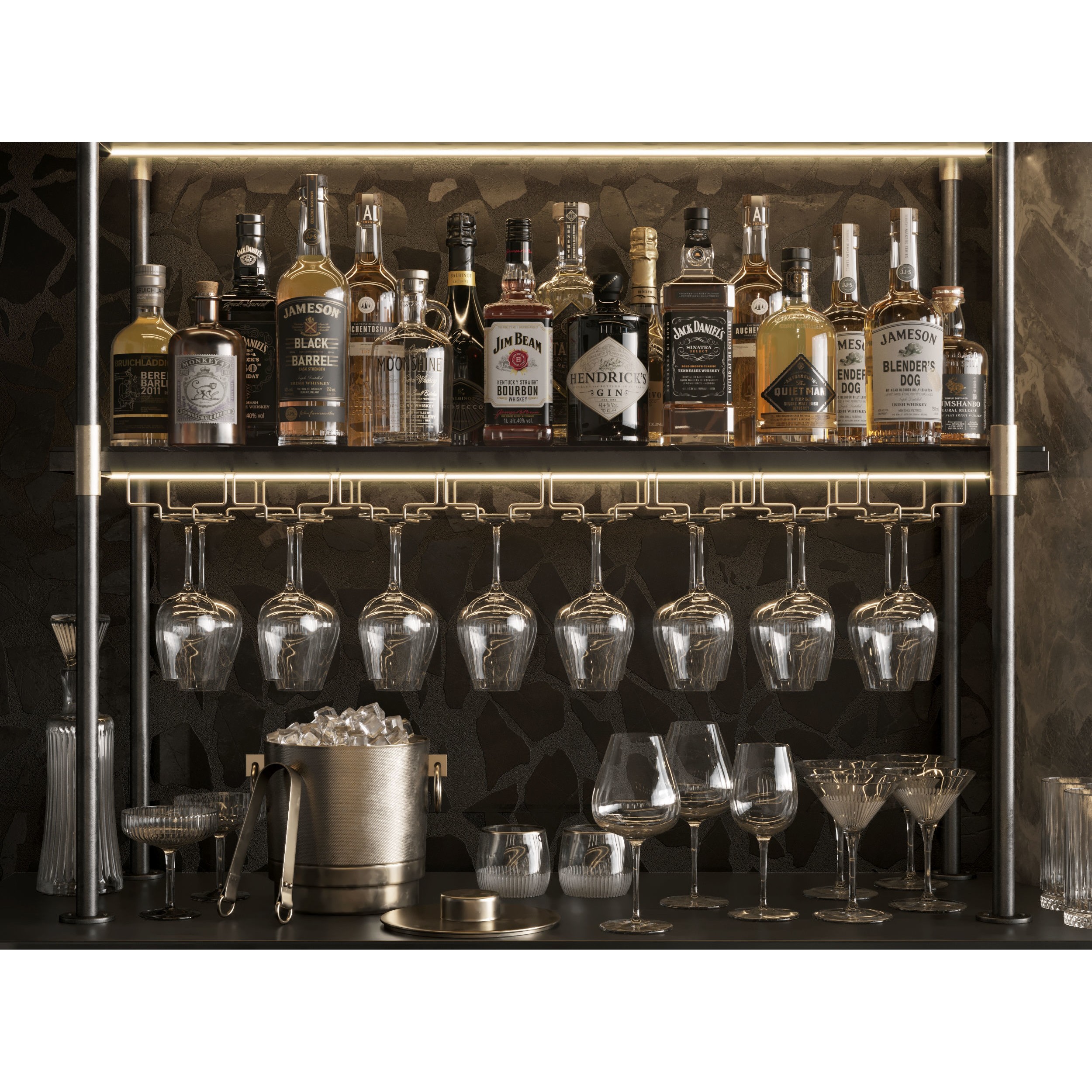 Bar Interior Counter with Alcohol and Glasses - 3D Model - View 8