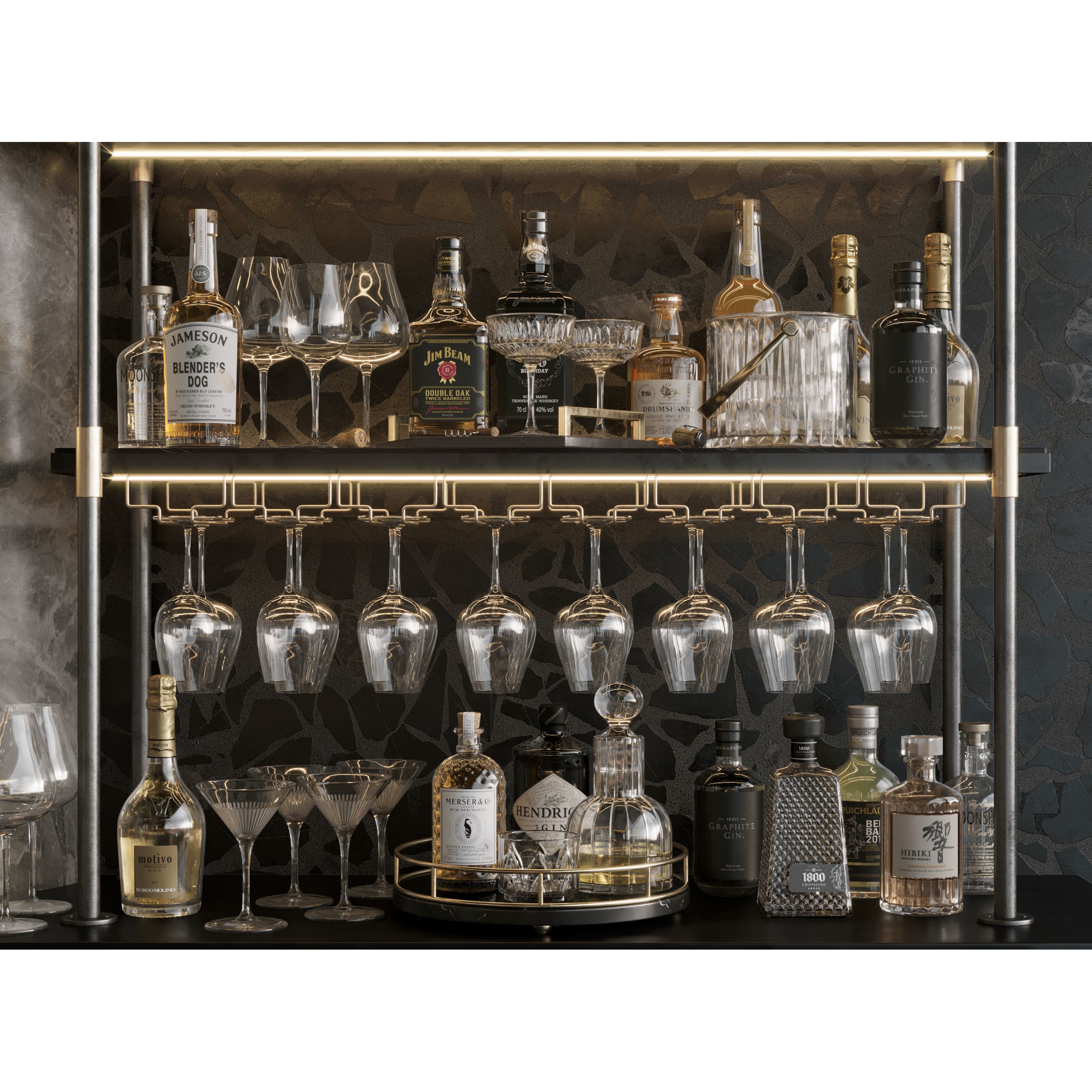 Bar Interior Counter with Alcohol and Glasses - 3D Model - View 9
