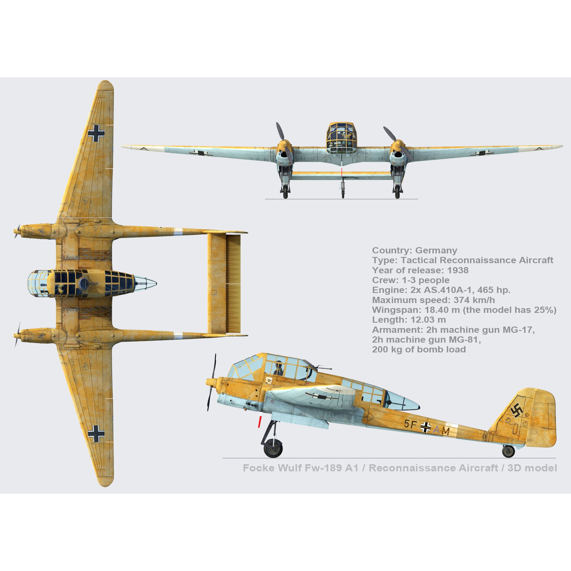 Focke-Wulf Fw 189 A1 - Low-Poly Game-Ready 3D Model - View 4