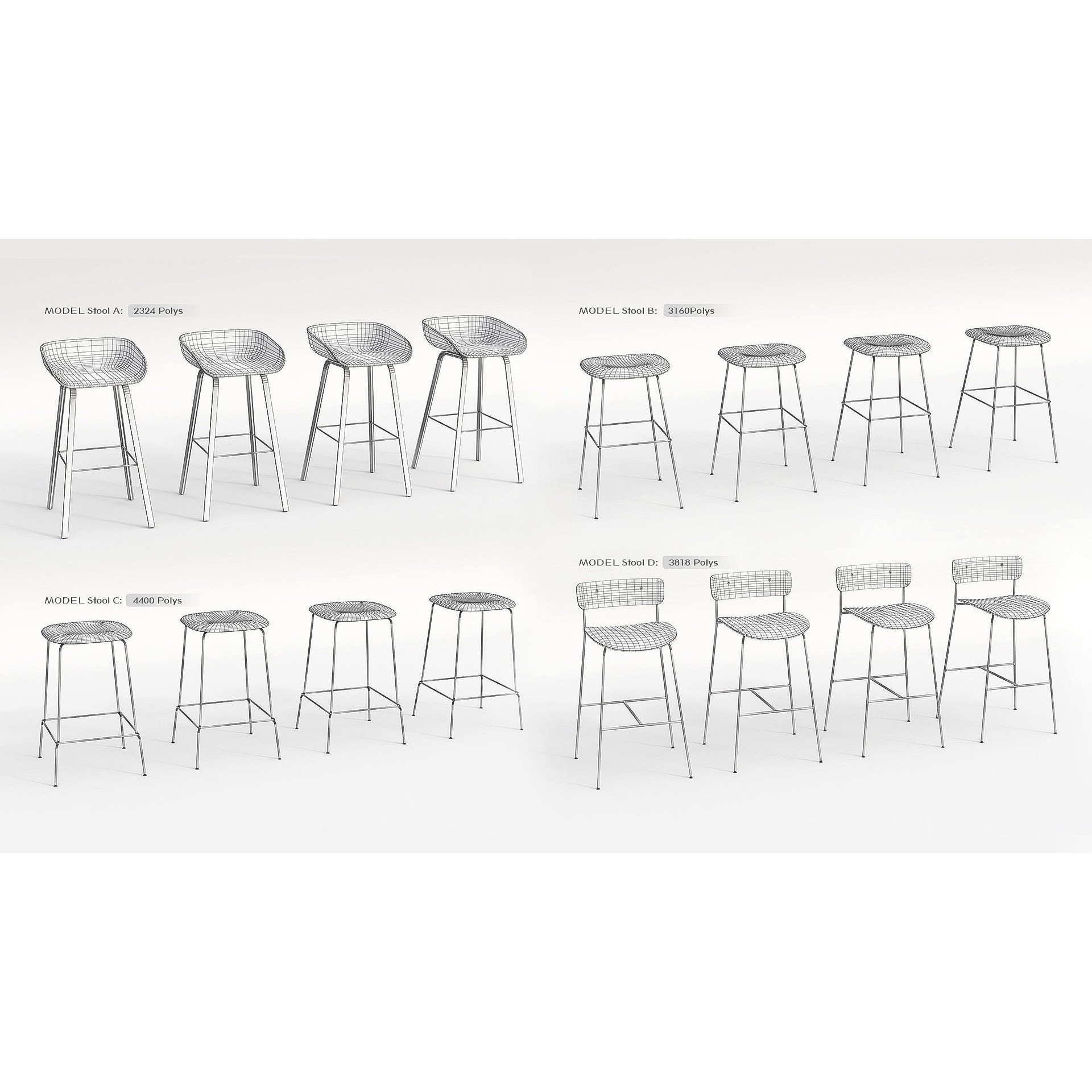 Pack Low-Poly Stools - Low-Poly Game-Ready 3D Model - View 3