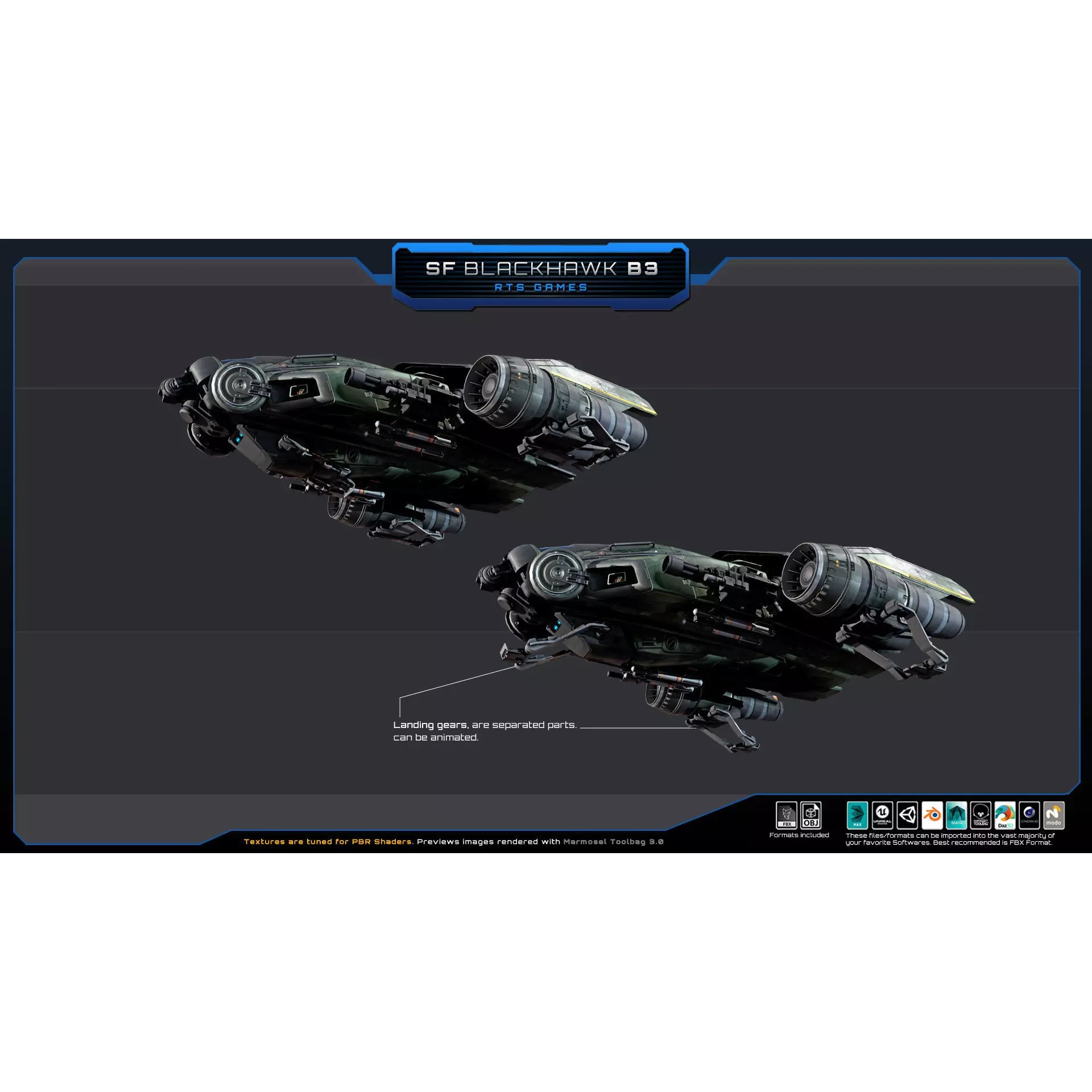 Black Hawk Bomber - Low-Poly Game-Ready 3D Model - View 11