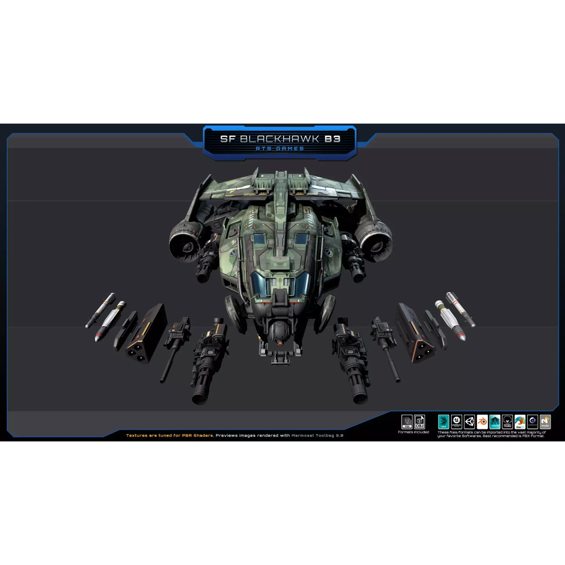 Black Hawk Bomber - Low-Poly Game-Ready 3D Model - View 4