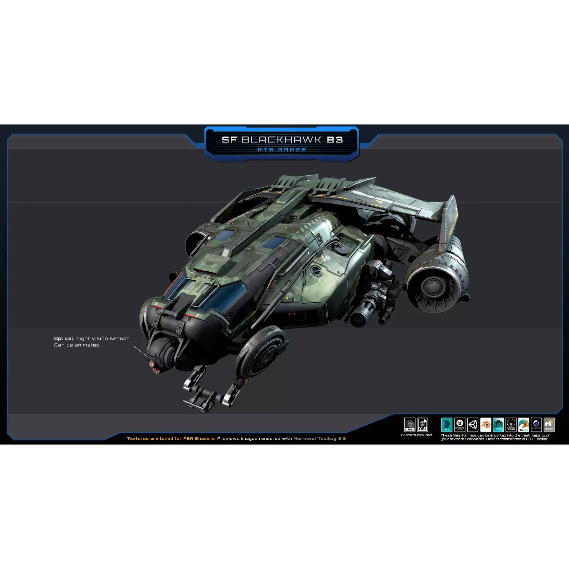 Black Hawk Bomber - Low-Poly Game-Ready 3D Model - View 9