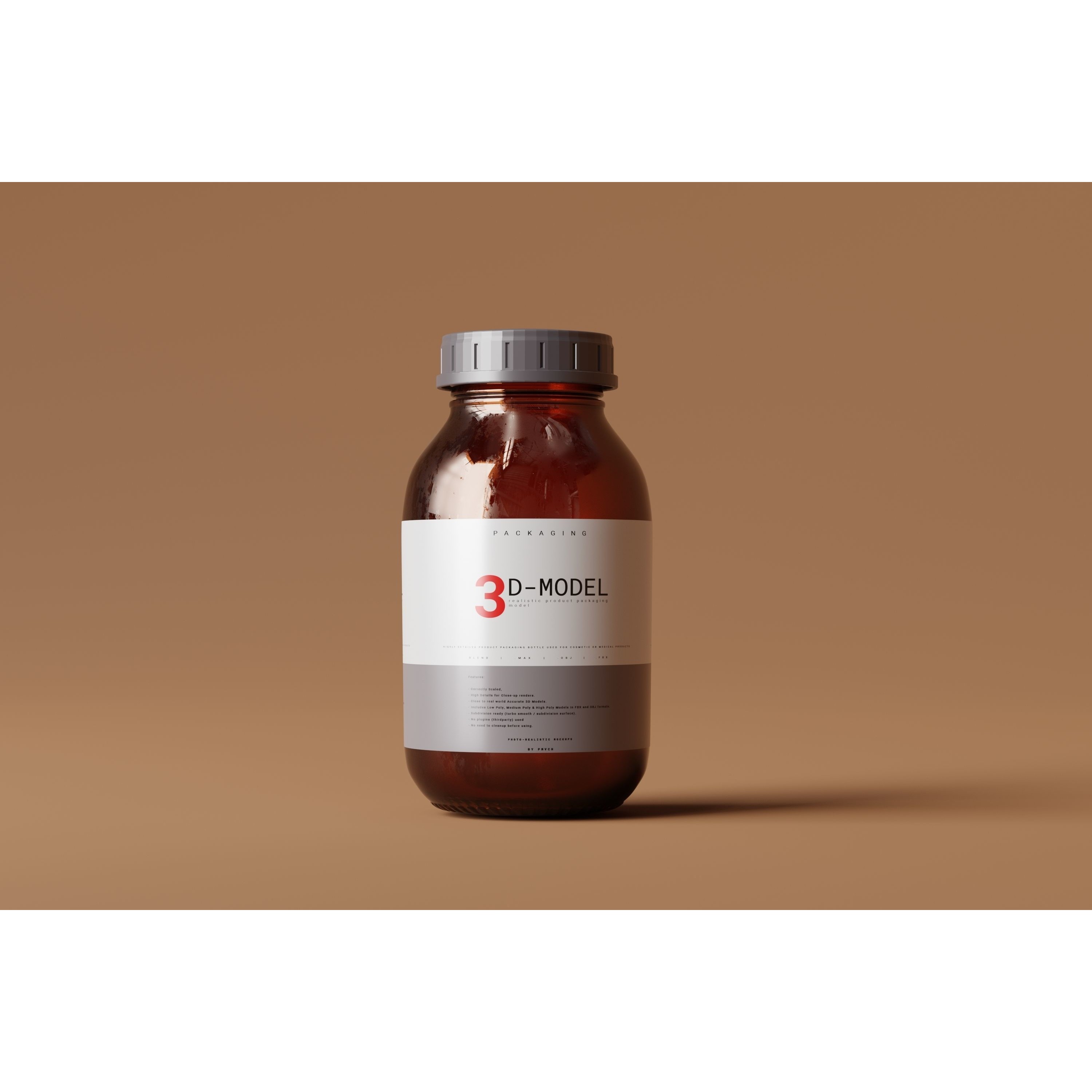 Amber Glass Cosmetic Packaging Bottle - Low-Poly 3D Model - View 5