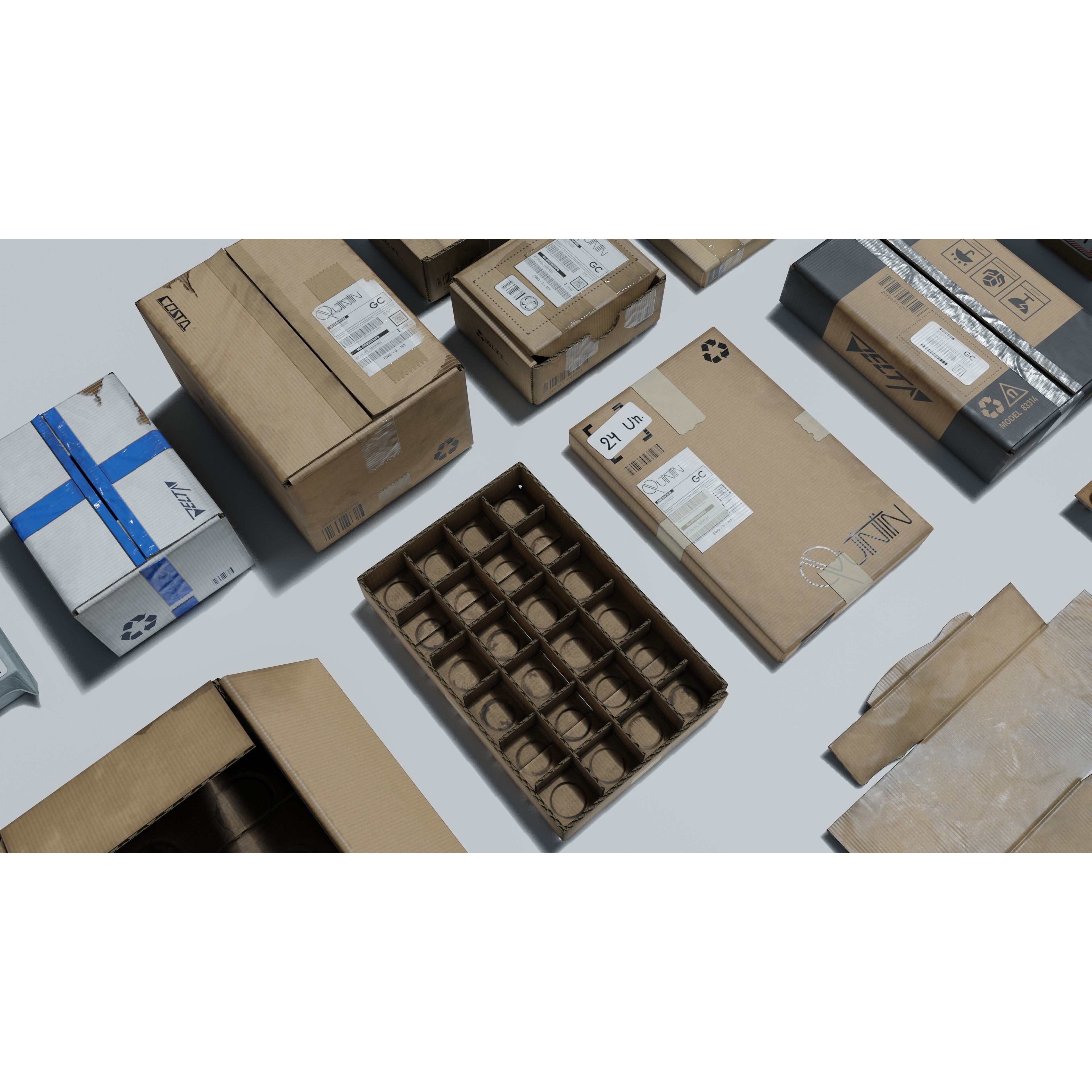 Cardboard Boxes 3D Model – Low Poly Game Asset, PBR Textures, Blender - View 11