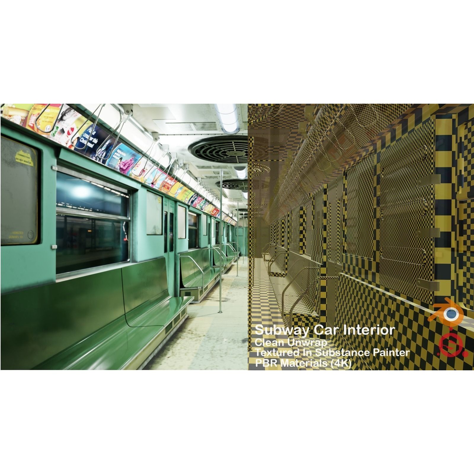 NYC Subway Car Interior 3D Model – 1970s Style, Low-Poly, Blender - View 5