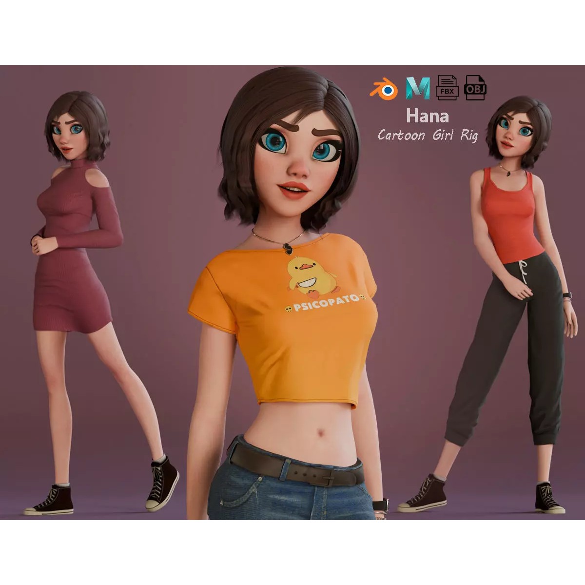 Hana Cartoon Girl - Low-Poly Game-Ready 3D Model - View 2