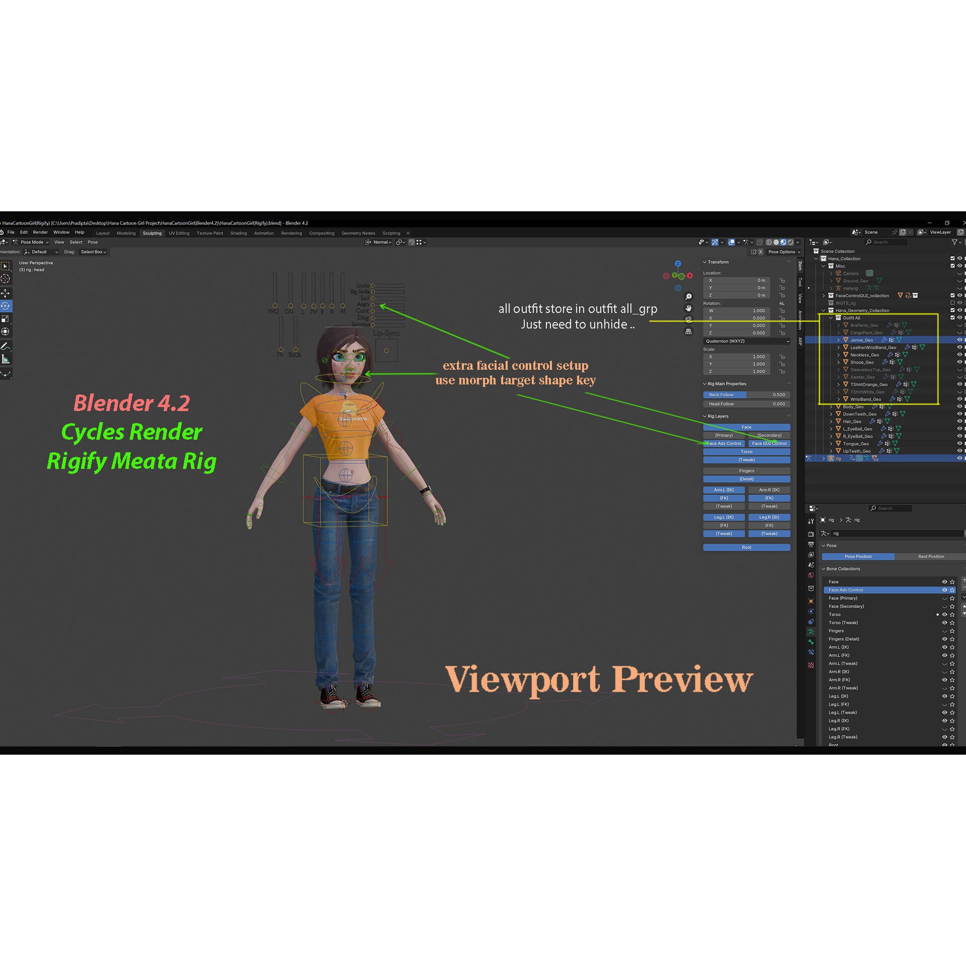 Hana Cartoon Girl - Low-Poly Game-Ready 3D Model - View 20