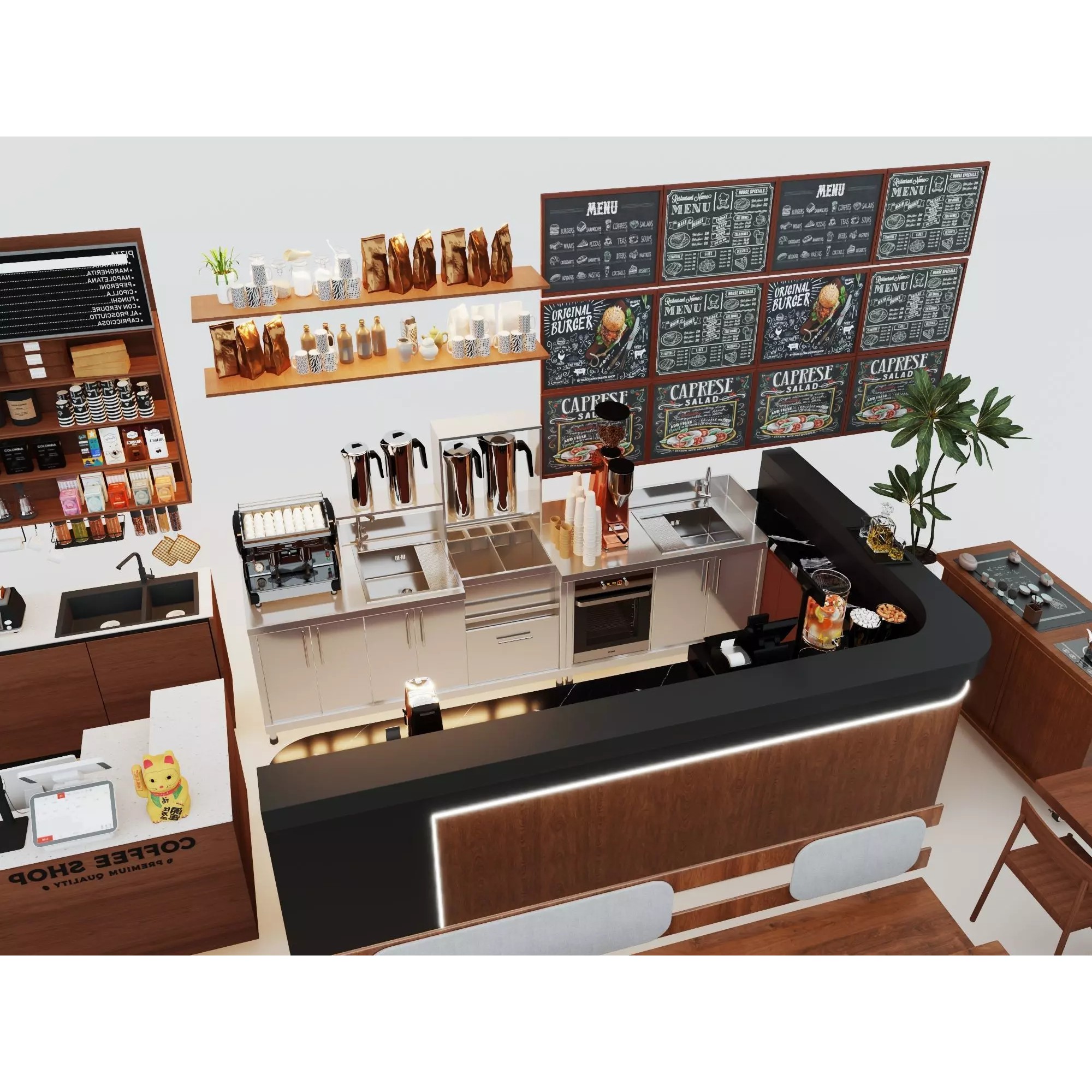Modern Coffee Shop Interior - Low-Poly Game-Ready 3D Model - View 11