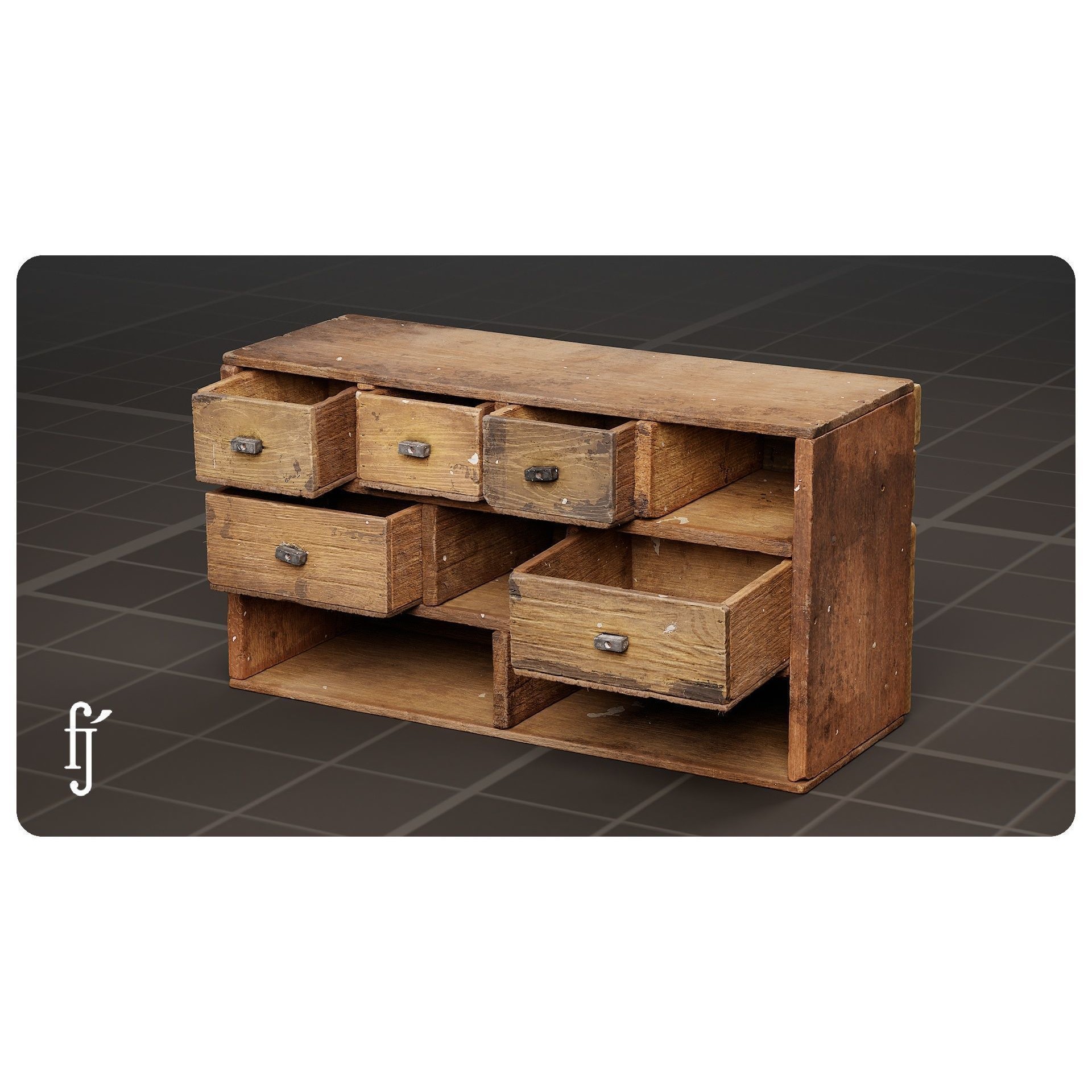 Vintage Wooden Multi-Drawer Storage Cabinet 3D Model – High Poly PBR Asset, FBX - View 3
