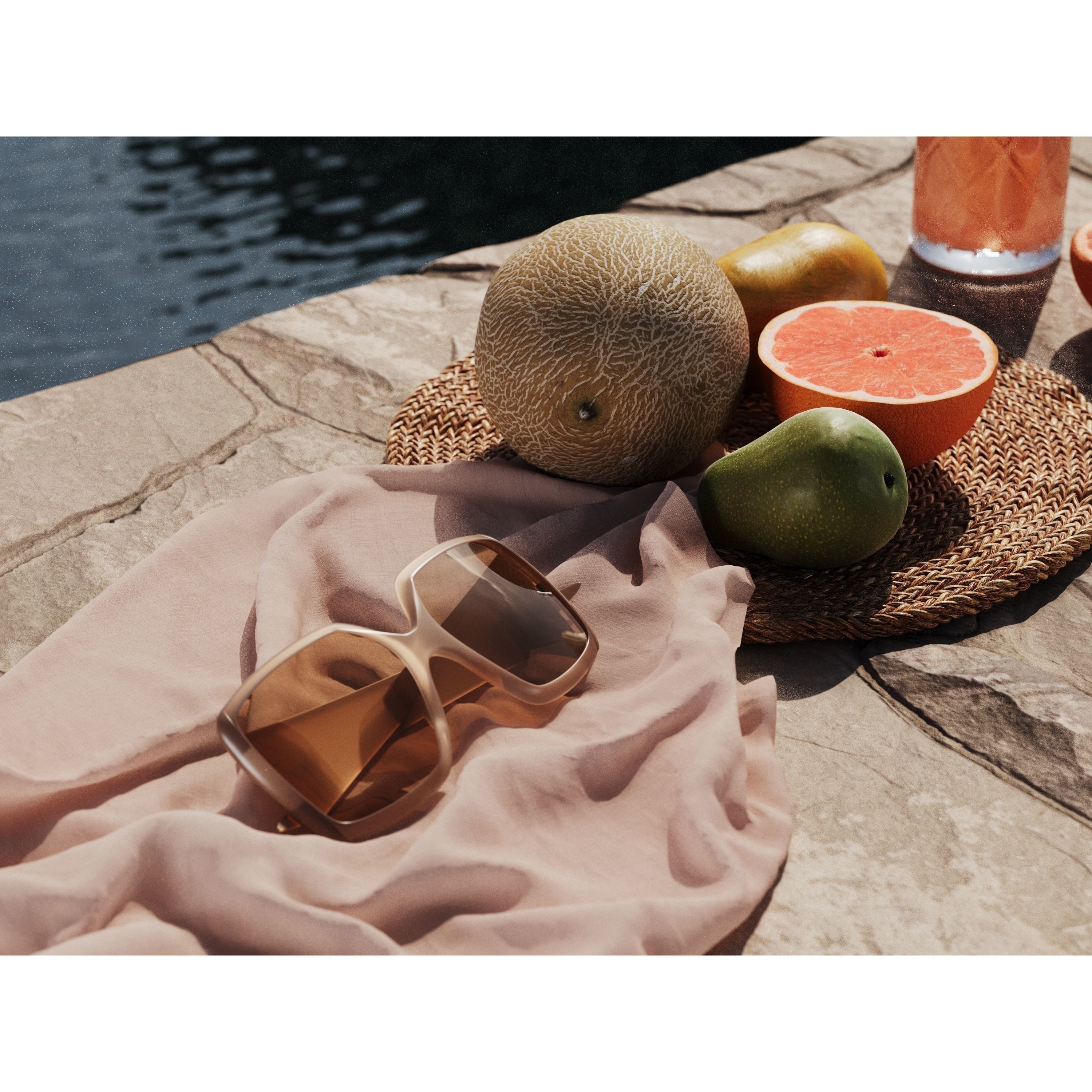 Fruits 3D Model – Detailed Composition with Rug and Glasses, PBR - View 3