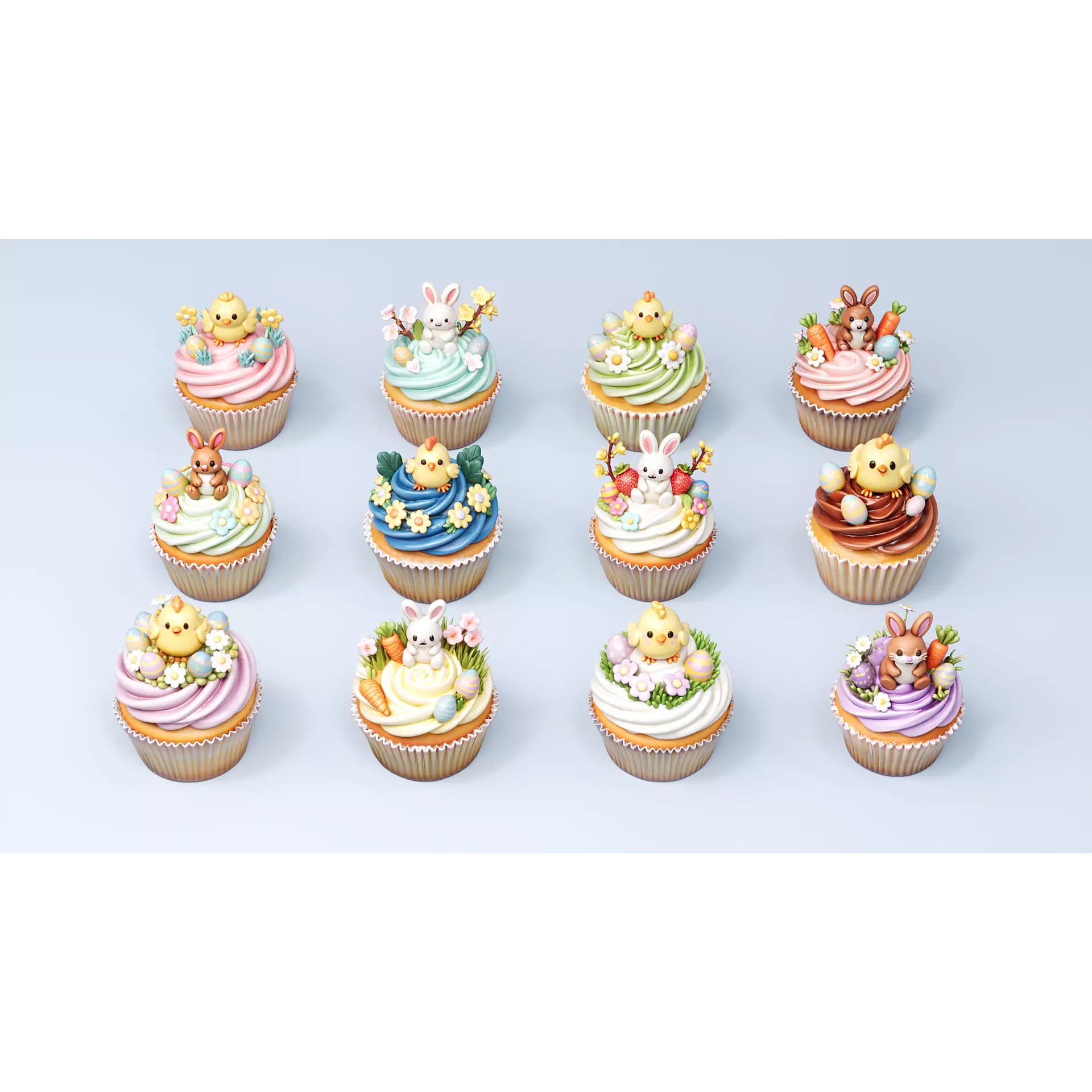 Easter Rabbit Chick Egg Cupcake 3D Model – PBR Textured, FBX, Game-Ready - View 2