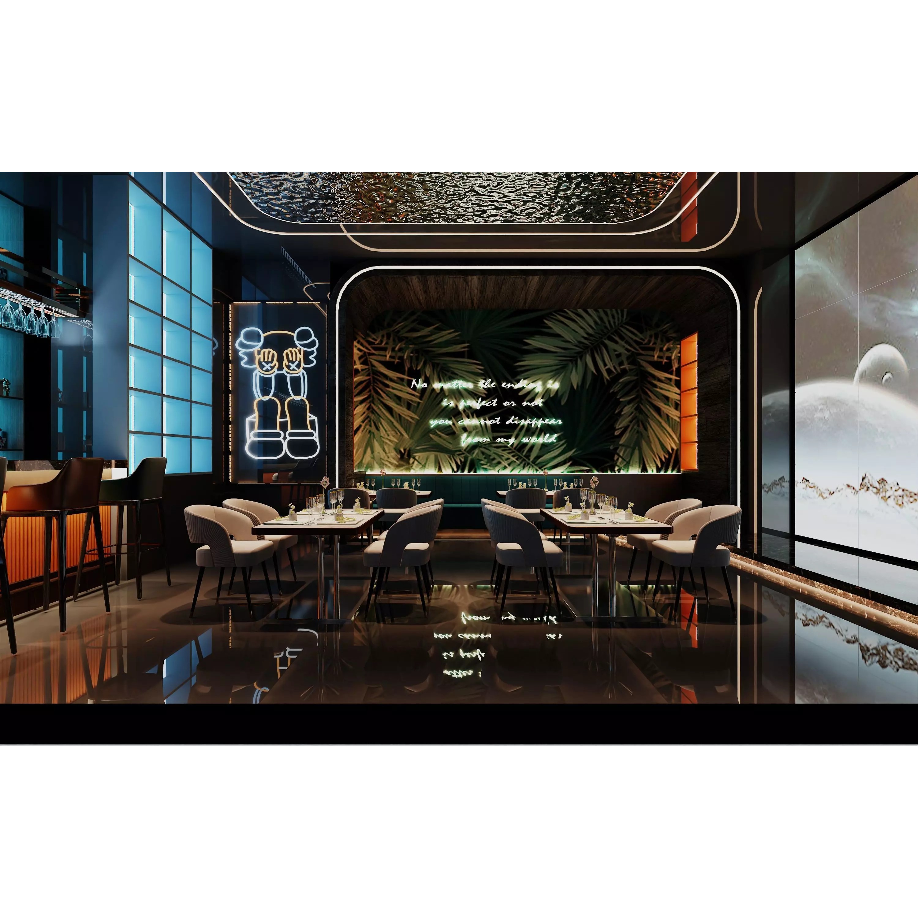 Contemporary Lounge Bar 3D Model – Modern Restaurant Interior, OBJ/FBX - View 3
