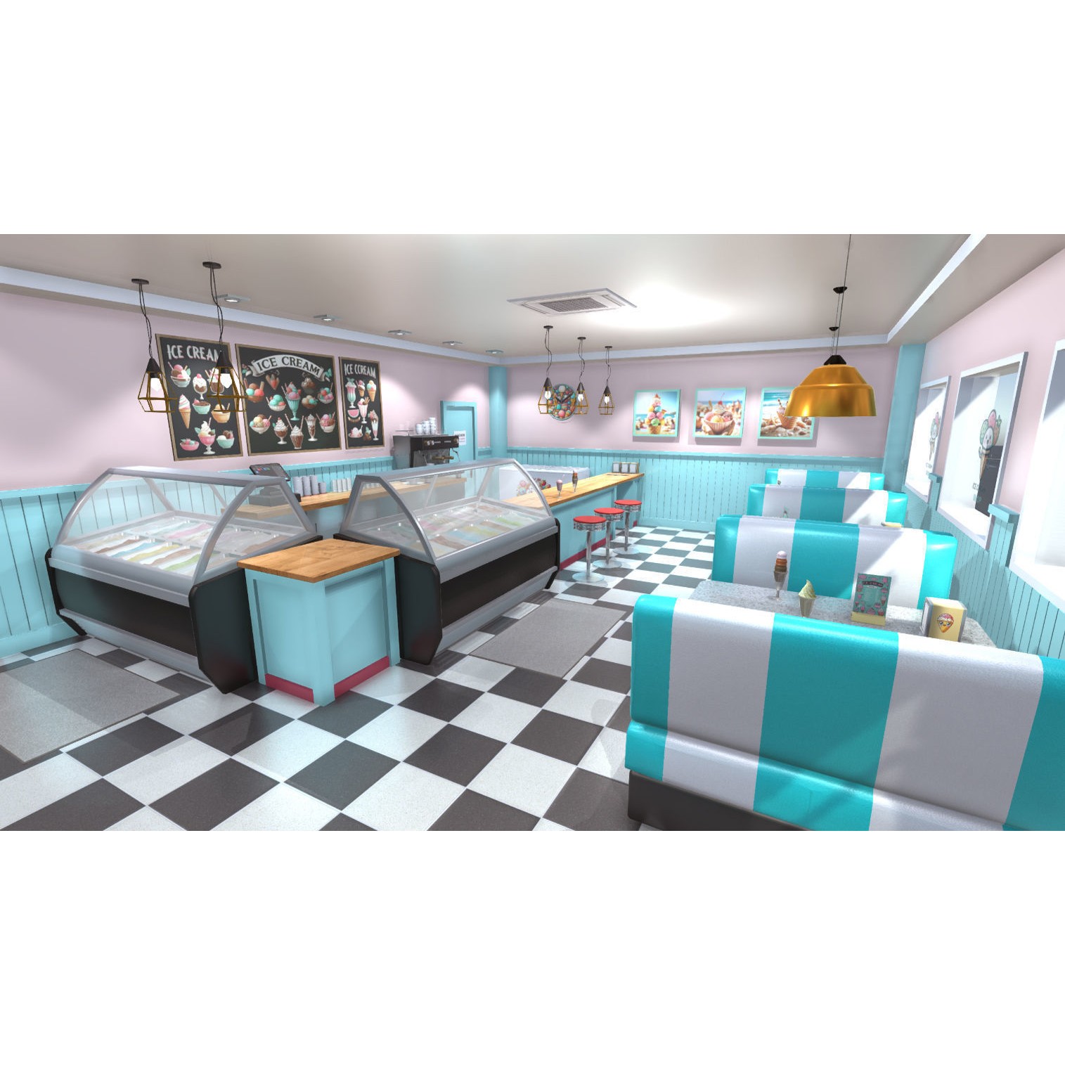 Ice Cream Shop Interior 3D Model – Low Poly Game Asset, FBX - View 3