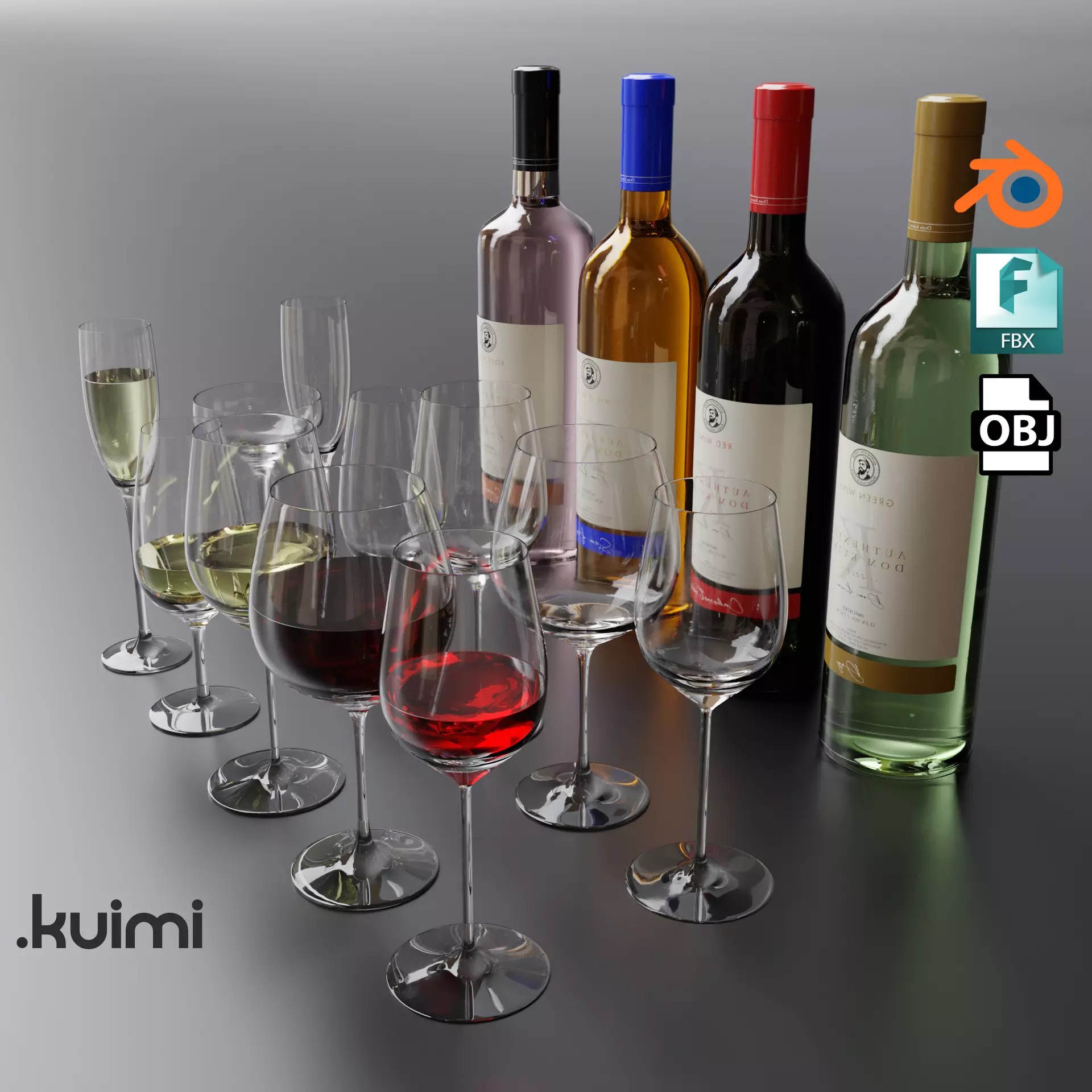 Wine Bottles 3D Model – PBR Glassware Pack with Blender, FBX, OBJ Formats - View 2